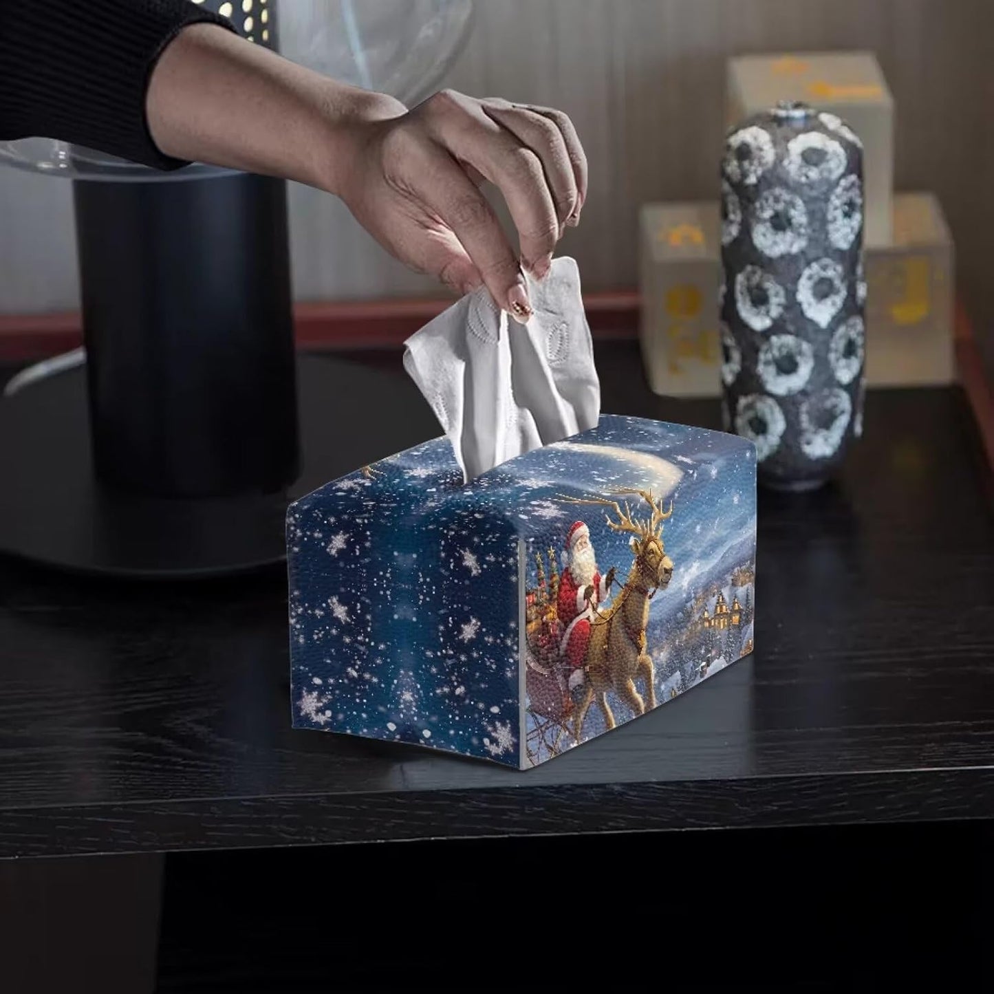 Christmas Santa Claus Print Pretty Tissue Box Bathroom Decor PU Leather Tissue Cover Decorative Organizer Large Capacity Design Rectangular Tissue Box Cover for Car