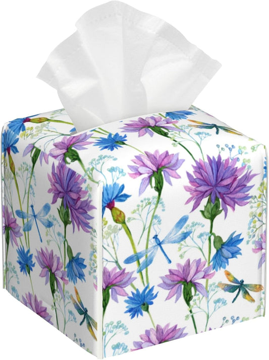 Watercolor Flowers and Dragonflies Tissue Box Cover Square,Purple Blue Floral Tissue Box Holder Waterproof Leather Facial Paper Organizer Dispenser for Bathroom Home Car Nightstand Vanity Desk