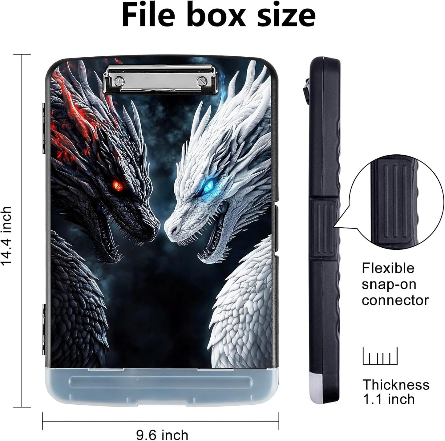 Clipboard with Storage - Large Capacity,Nursing Clipboard with Pen Holder,Heavy Duty,Plastic Side-Opening Folder for Teacher,Nurse - Black White Dragon