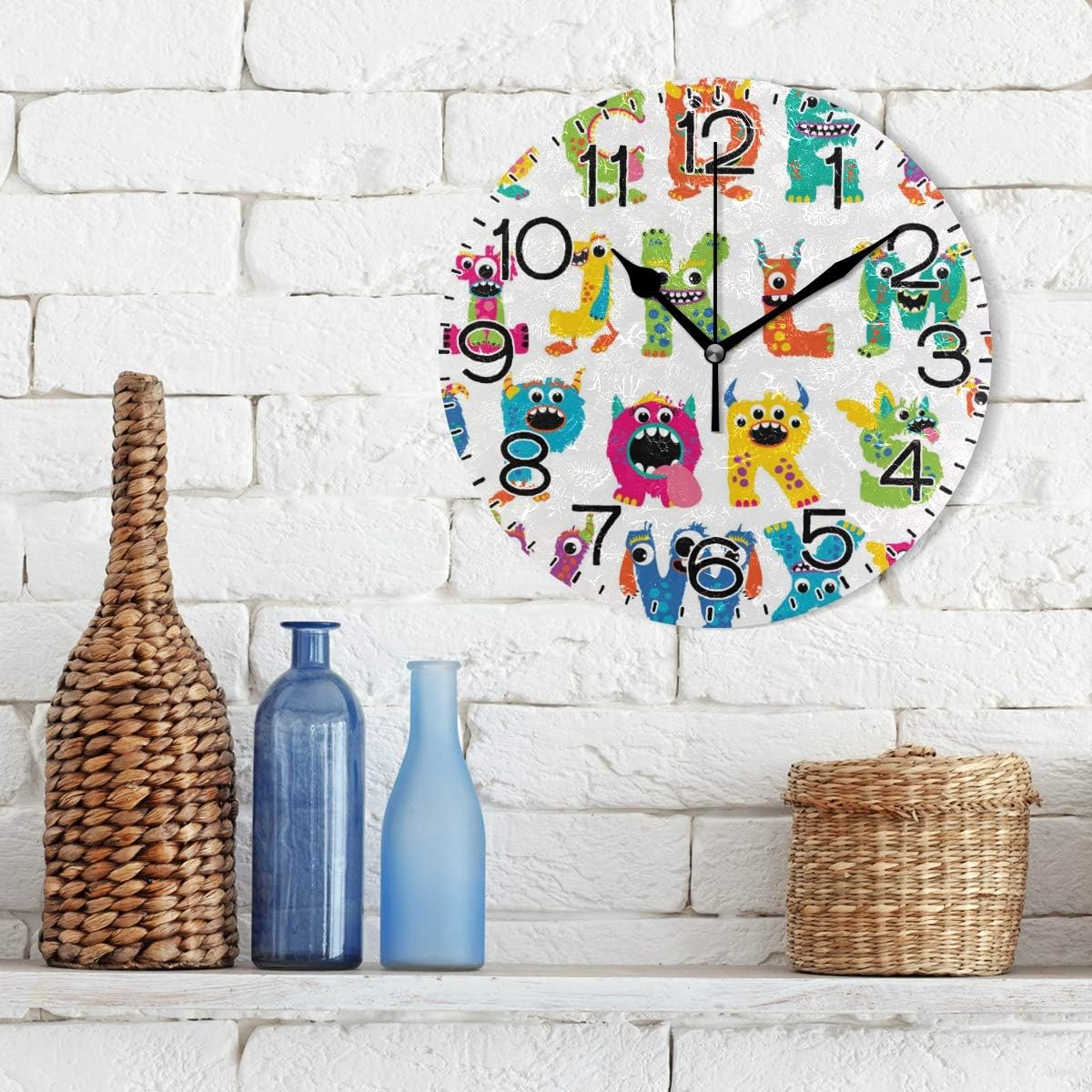 Funny Monster Alphabet Wall Clock Battery Operated Non Ticking Silent Quartz Analog Rustic Farmhouse Round Clock Retro Decor for Home Kitchen Living Room Bathroom
