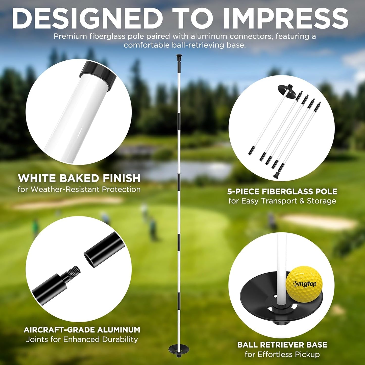 KINGTOP Golf Flagstick 6ft, Portable Five-Section Design for Backyard Practice Putting Green, Driving Range Golf Pin Flag Hole Cup Set, Gift Idea