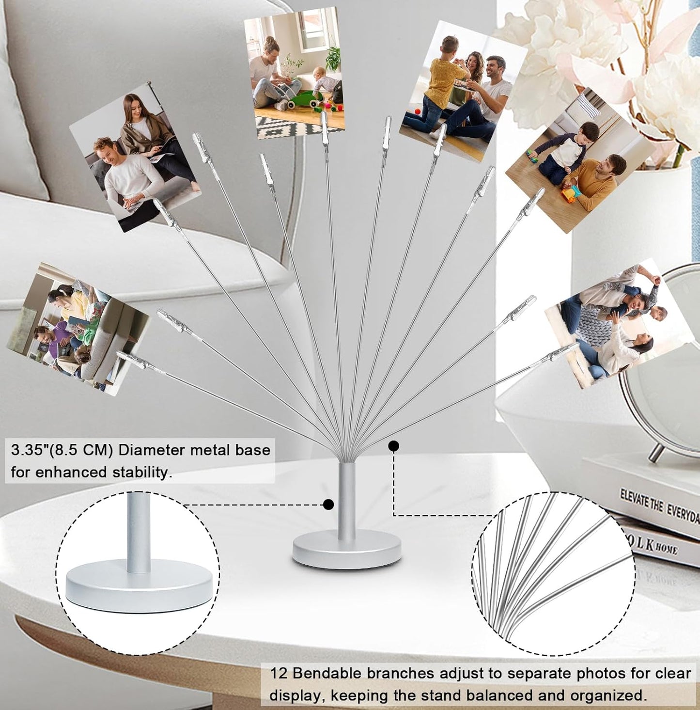 Silver Photo Tree Holder with Metal Base,12 Clips Flexible & Durable Branches Money Trees Gift Card Holder with Clips,Picture Trees to Hold Photos for Christmas Wedding Greeting Birthday Party Gift