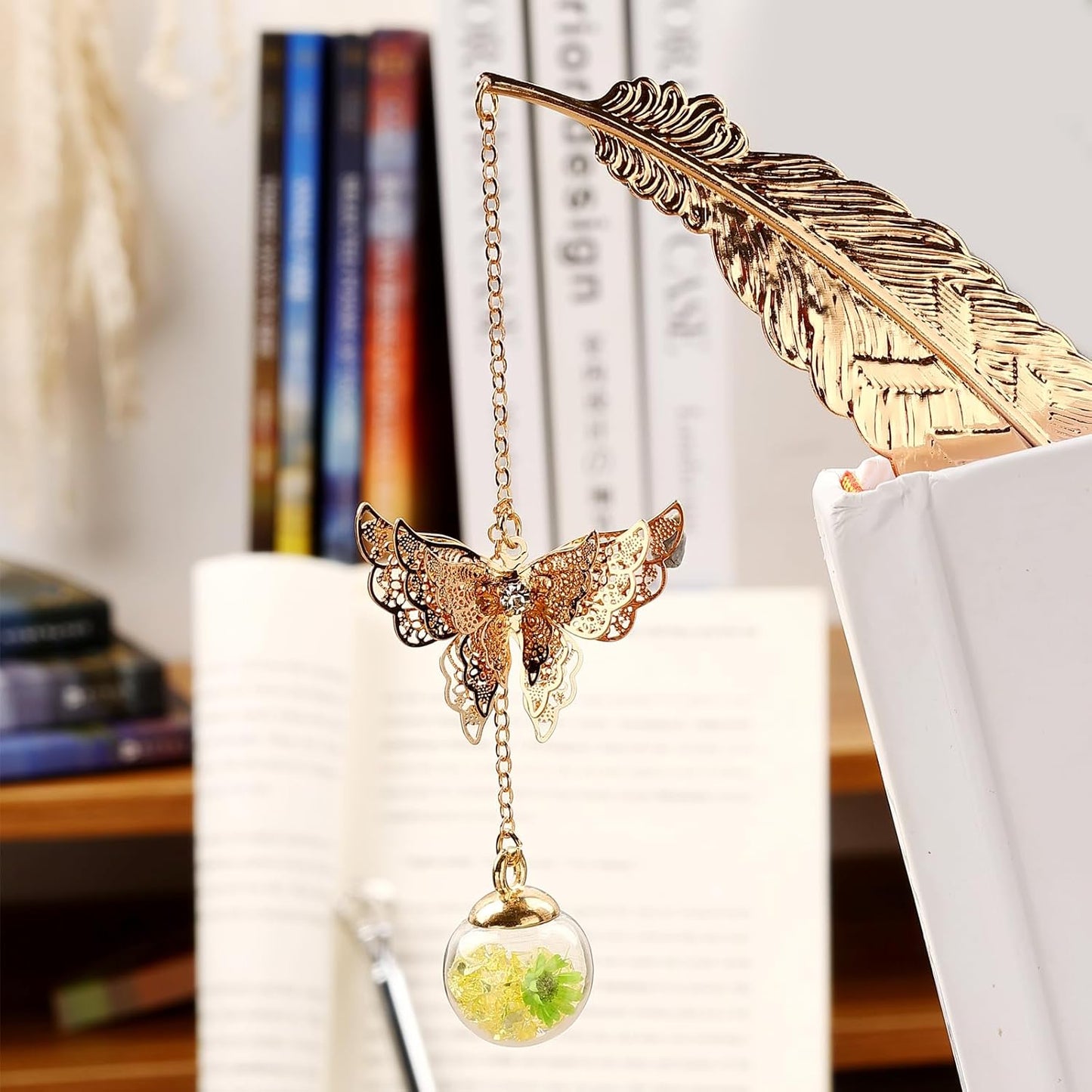 Metal Feather Bookmark with Butterfly Charm – Christmas Gifts for Women, Teachers & Book Lovers – Stocking Stuffers, Secret Santa, Birthday & Holiday Gift Box