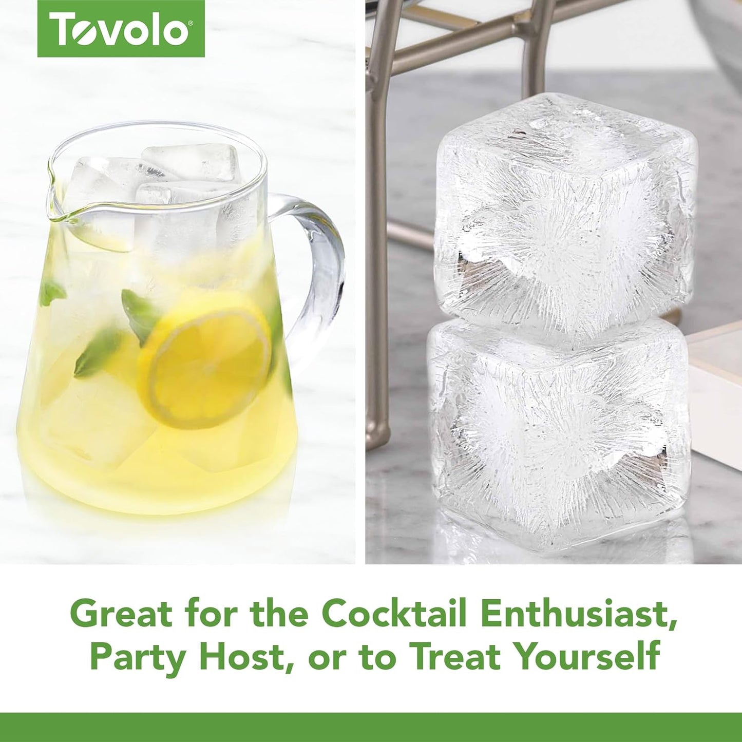 Tovolo Colossal Cube Ice Molds, Set of 2 - Large Ice Cube Mold Ideal for Whiskey, Cocktails & Any Cold Beverage - Odor-Free Freezer Storage, Dishwasher-Safe with Silicone Plunger