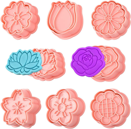 8 Pack Flower Cookie Cutters, 3D Cookie Cutter with Plunger Stamp, 8 Styles Spring Flowers Cookie Stamps for Home Kitchen