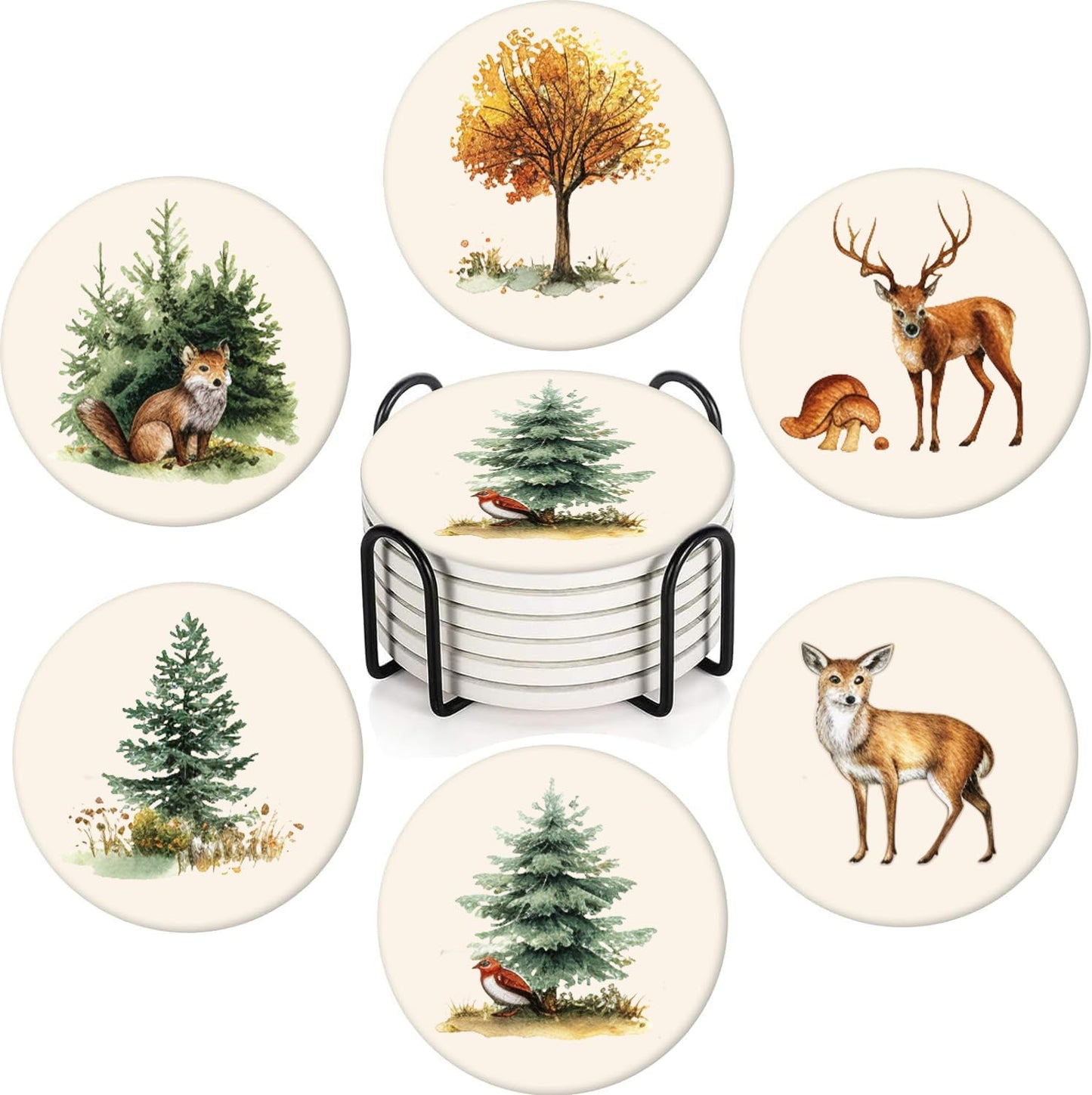 Boho Set of 6 Coasters for Drinks Absorbing Round Ceramic Stone Coaster with Cork Base,Tabletop Protection Mat for Mugs and Cups,Office,Kitchen (Forest)