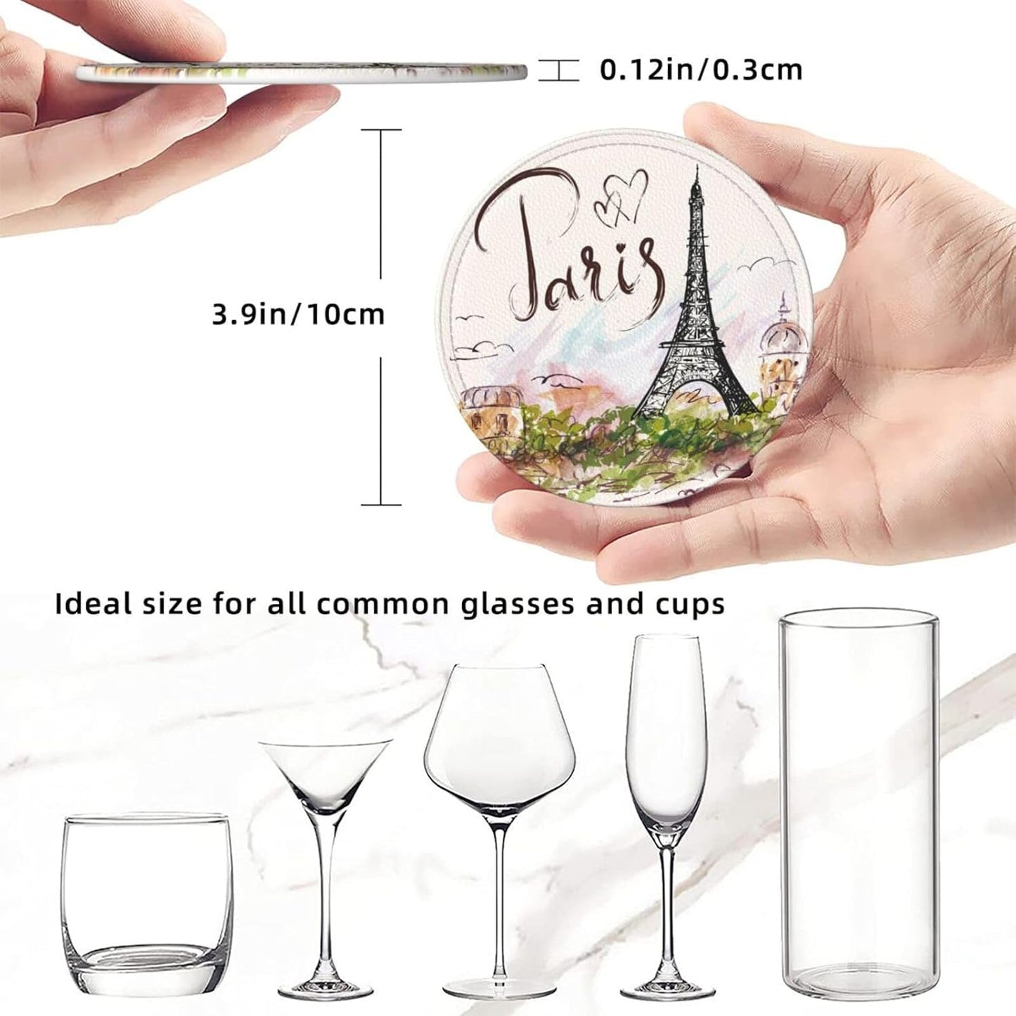 Pretty Paris Romantic Eiffel Tower Coasters for Drinks Round Leather Coaster with Holder Set of 6 for Tabletop Protection Desk Accessories Office Home Room Decor