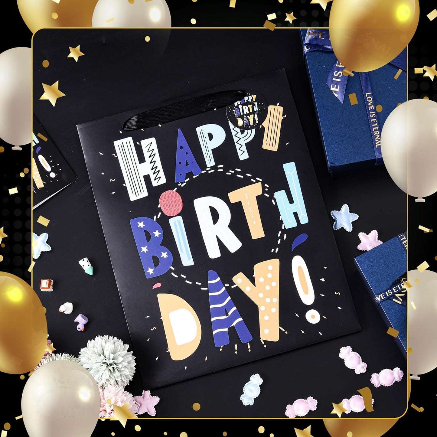 13" Black Happy Birthday Bag with Tissue Paper and Greeting Card for Party,Happy Birthday Gift Bag for Kids, Boys, Girls, Baby Boy,Men Women,Gift Bags Medium size (2 PCS Black, Kids Gift Bag)