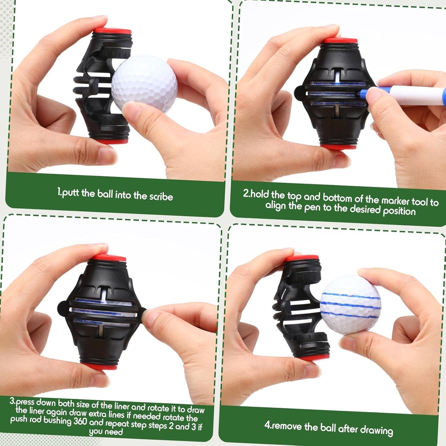 6 Pack Golf Ball Marker Line Tool 360 Degree Triple Line Ball Marker Stencil Tool Golf Accessories for Men with 2 Marking Stencils and 4 Vibrant Colors Pen