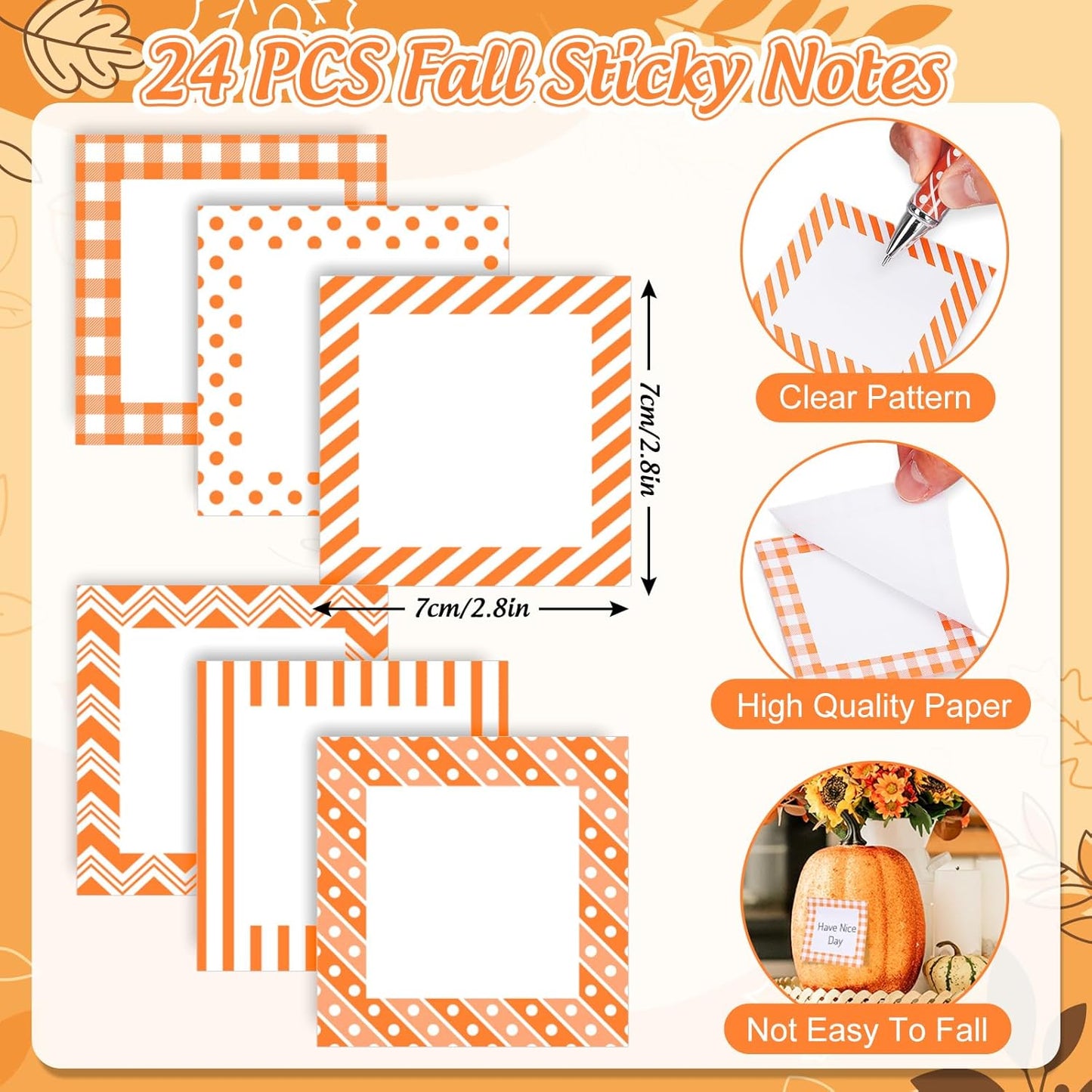 48 pcs Fall Stationery Set Orange-White Autumn Plaid Polka Dot Wave Line Sticky Note Pads with Ballpoint Writing Pens for Autumn Harvest Thanksgiving Party Favors Supplies