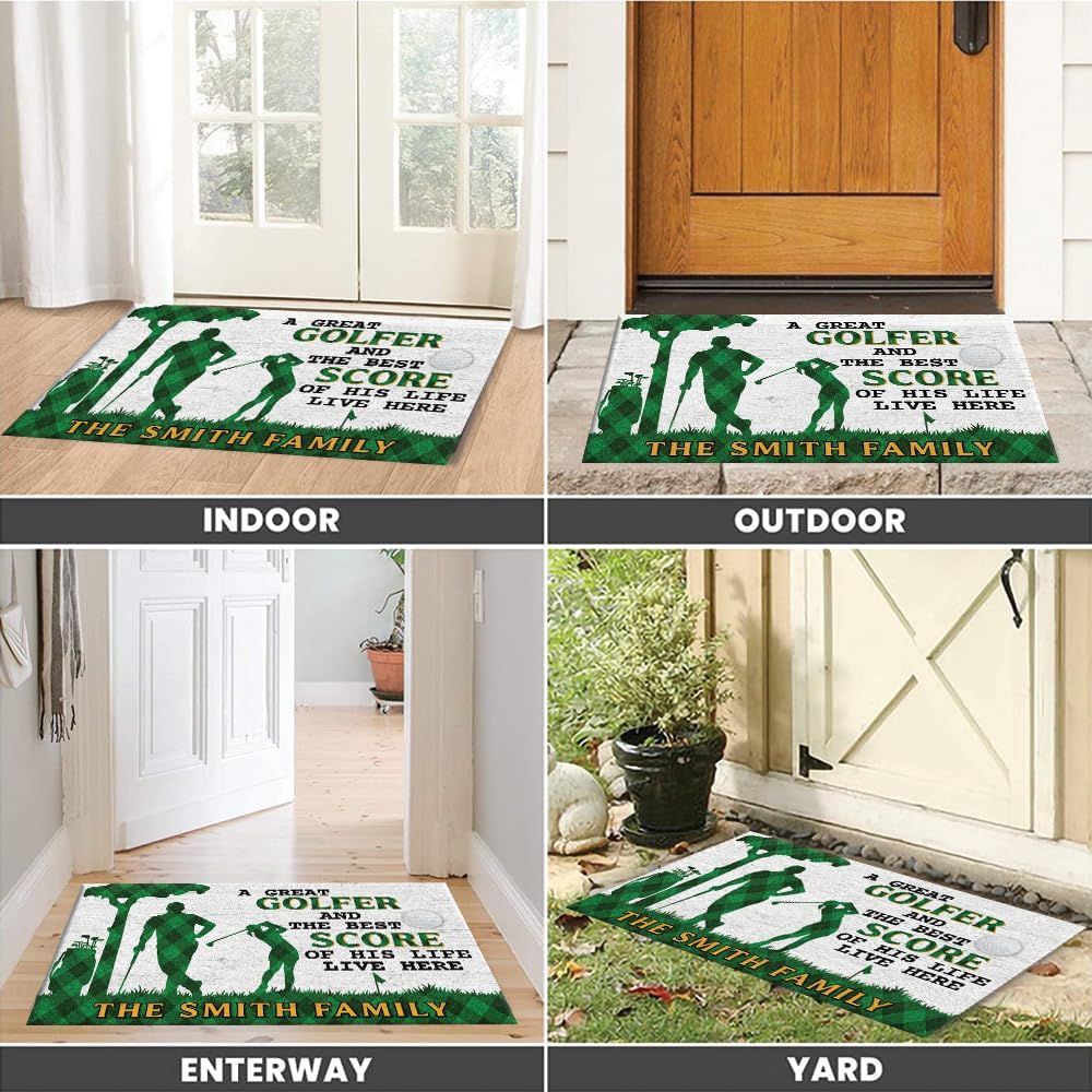 Personalized Golf Couple Doormat with Custom Family Name – Non-Slip Outdoor Welcome Mat for Front Door, Porch, Patio – Funny Gift for Golfer Husband and Wife, Wedding or Housewarming Present