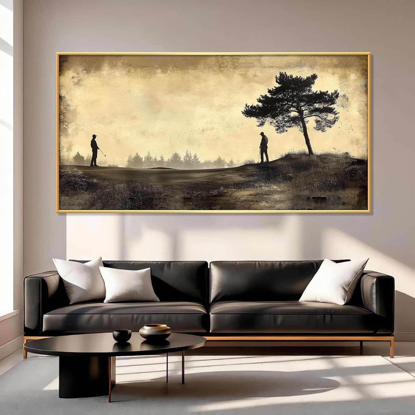 Vintage Golfers Landscape Wall Art, Golf Canvas Print, Golfers Picture Artwork for Wall, Rustic Wall Art, Horizontal Wall Decor, Vintage Sports Poster, Gift for Dad, Man Cave Decor (Gold Framed, 71"x35"|180x90cm)