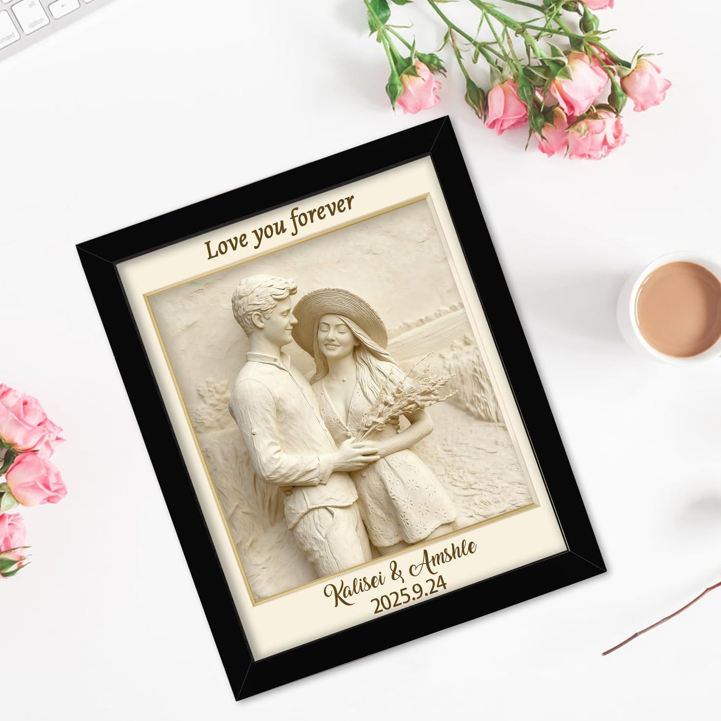 Personalized Couple Photo Frame Ornament Custom Name 2D Wood Desk Picture Frame Decor Gift for Men Women Family Couple Lover Birthday Xmas Anniversary (Style 18)