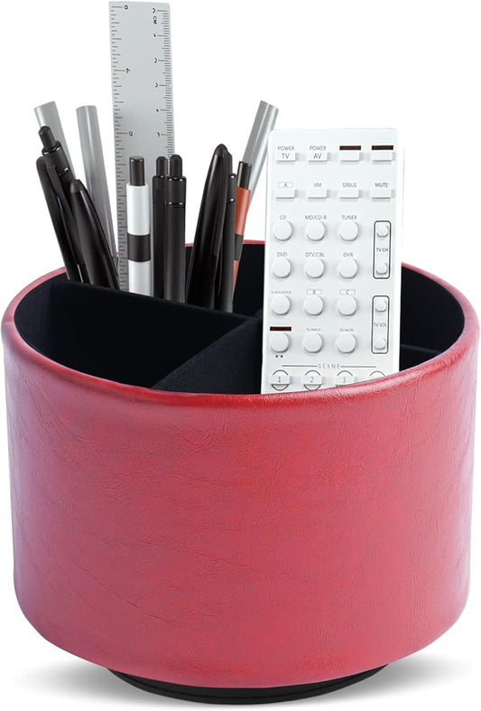 Hennaja Round Leather Art Supply Organizer,Remote Control Holder,360 Degree Spinning,Multi-Functional Pencil Holder,4 Compartments Desktop Stationary Organizer(1-Oil Red)