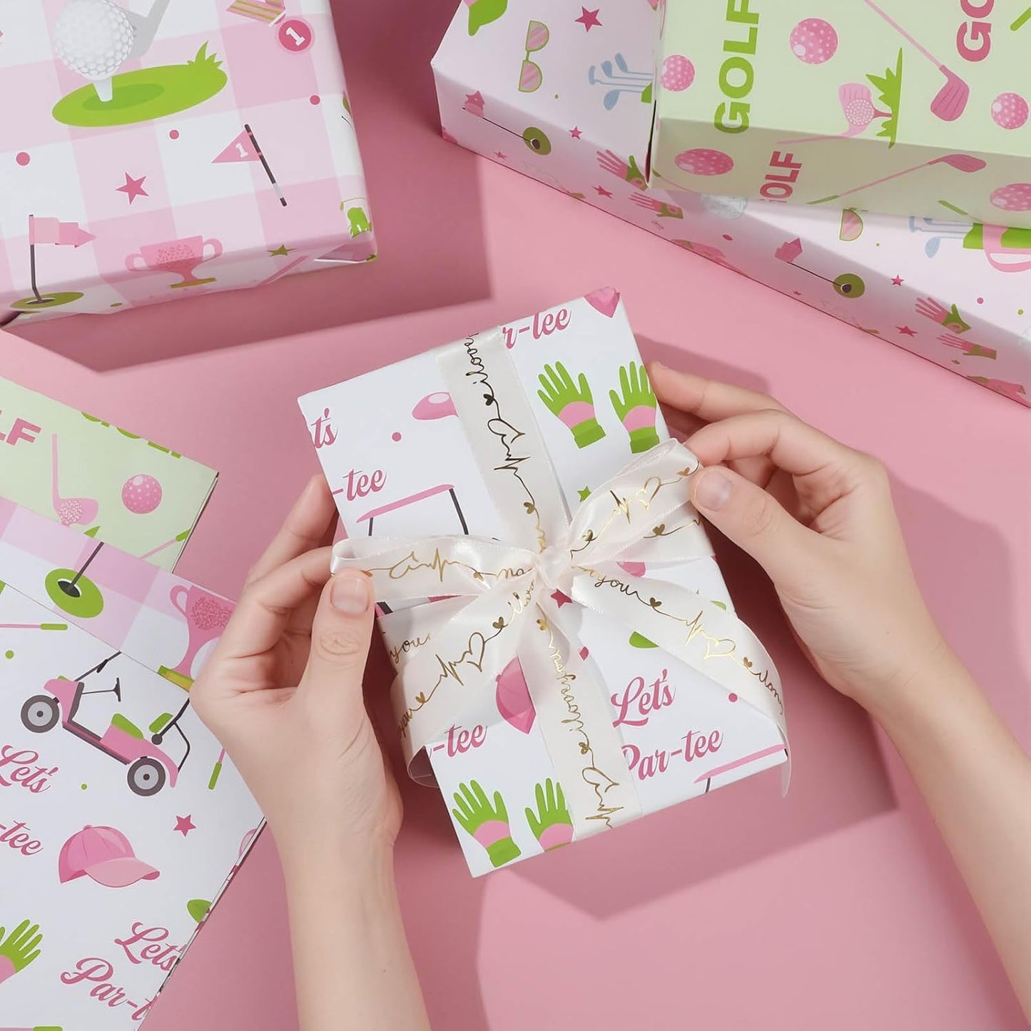 Pineraap 12 Sheets Golf Wrapping Paper, Pink Green Golf Ball Let’s Par-tee Gift Wrap Sports Gift Packing Paper for Girls Birthday Party Holiday Baby Shower DIY Crafts, 19.7 x 27.6 Inch