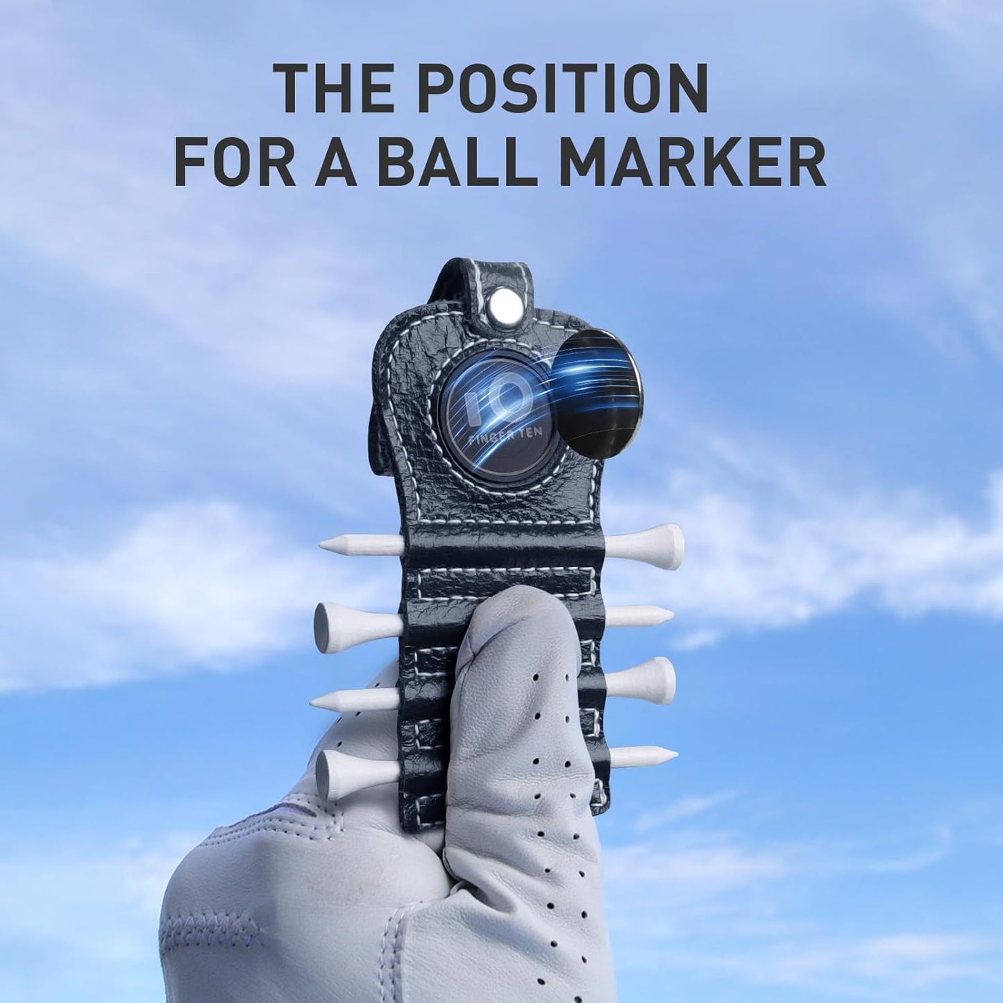 FINGER TEN Golf Tee Holder with Ball Marker and 4 Pcs Wood Tees Value 1/2 Pack, Luxury Leather Gift Hook to Golf Bag Belt Clip