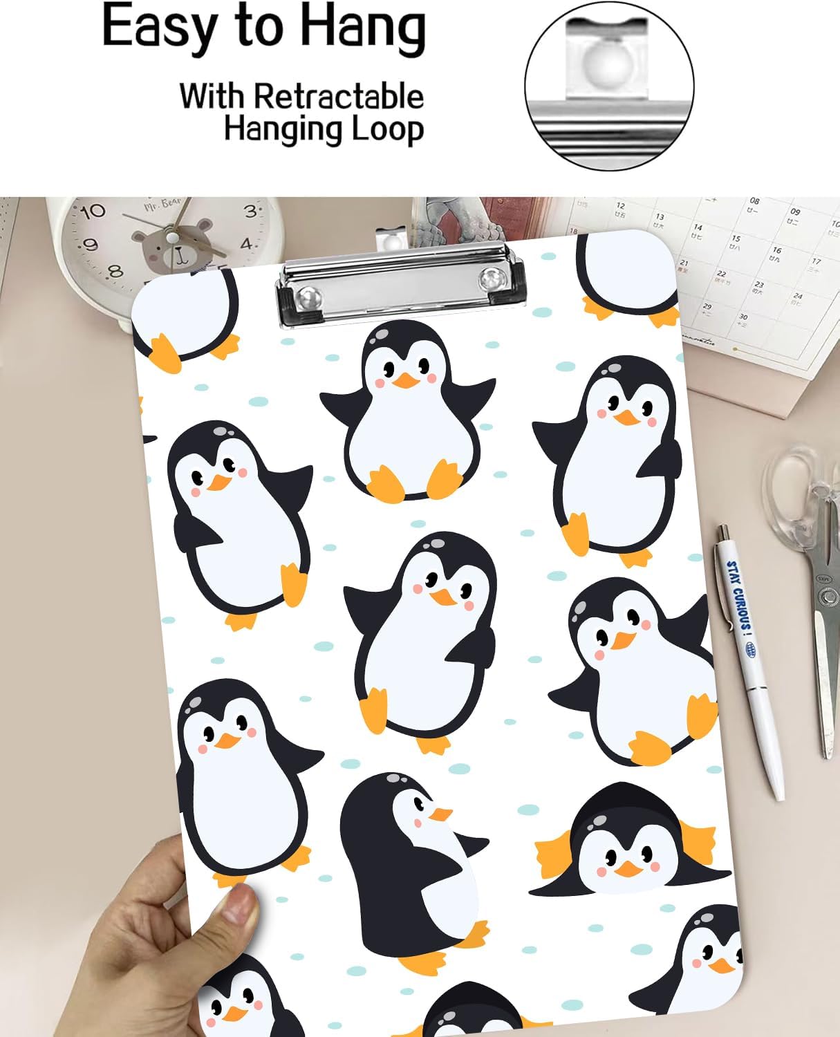 Fashion A4 Clipboard, Standard Letter Size 9" x 12.5", Decorative Wooden Clipboard with Low Profile Metal Clip for Office, School, Teachers, and Students, Cartoon Penguin