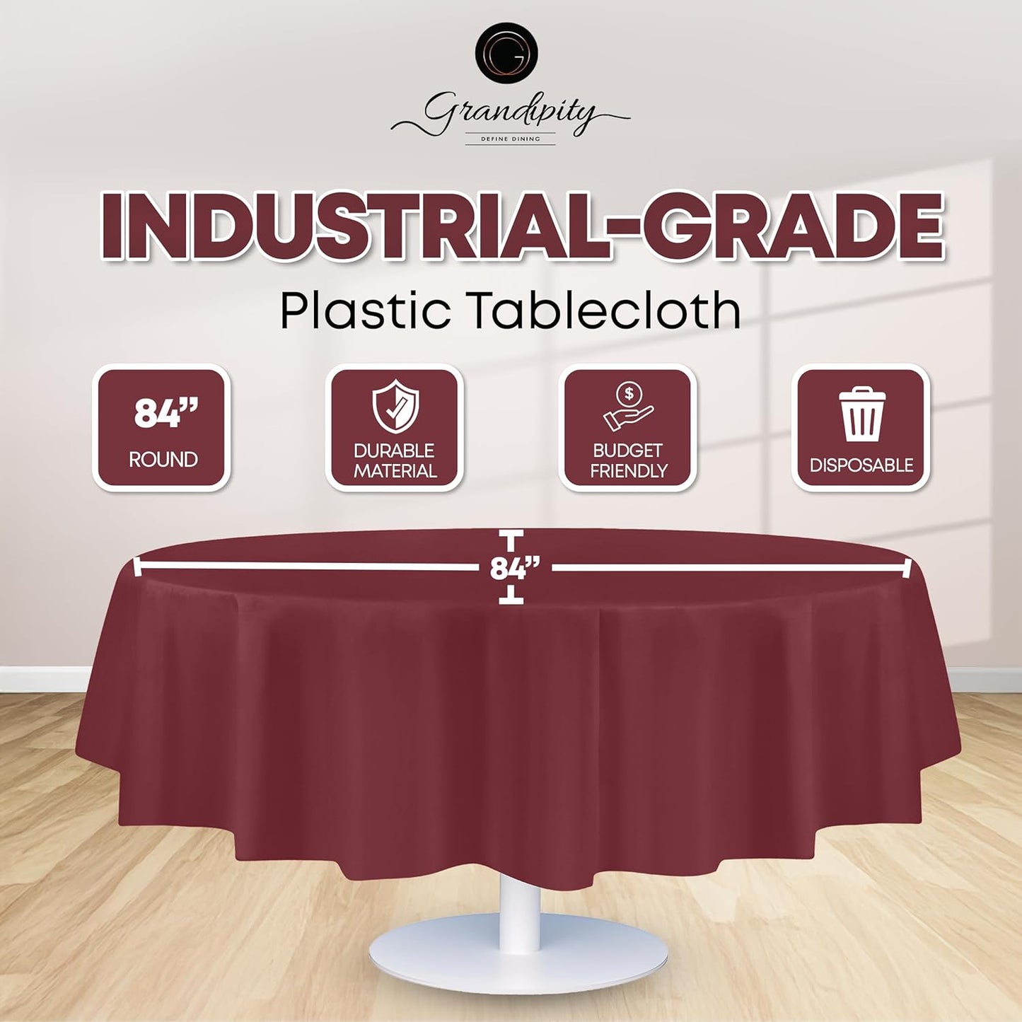 Grandipity 12 Pack Premium Disposable Plastic Tablecloth 84" Inch Decorative Round Table Cover - Burgundy