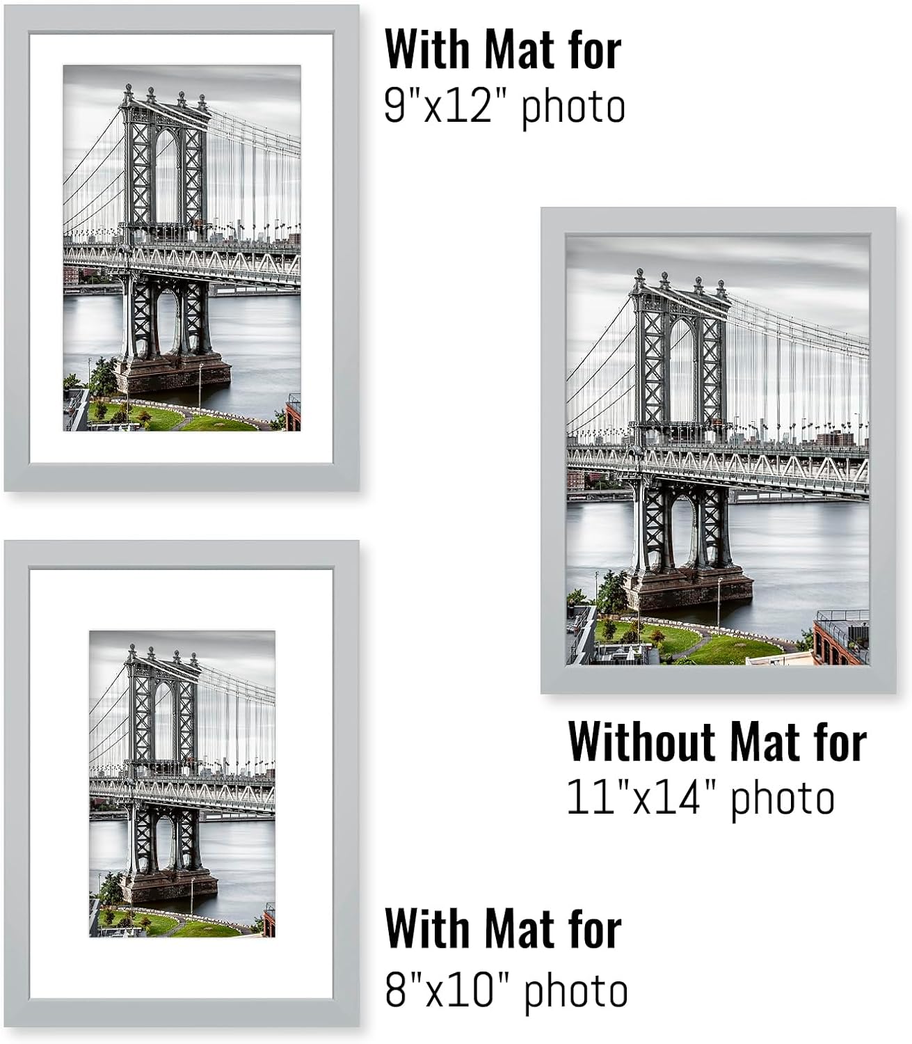11x14 Picture Frames - Solid Wood Display Pictures 9x12 or 8x10 with or without Mat, Poster Photo Frame Art with 2 Mats for Wall Mounting or Table Top (Gray)