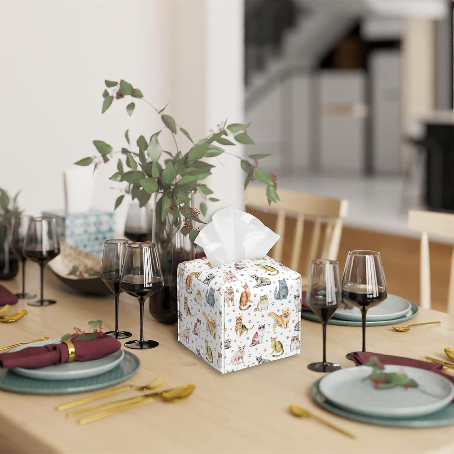 Tissue Box Cover Square,Cute Cats and Paw Tissue Box Holder Waterproof Leather Facial Paper Case Modern Home Decoration for Bedroom Dresser Night Stand Office Desk