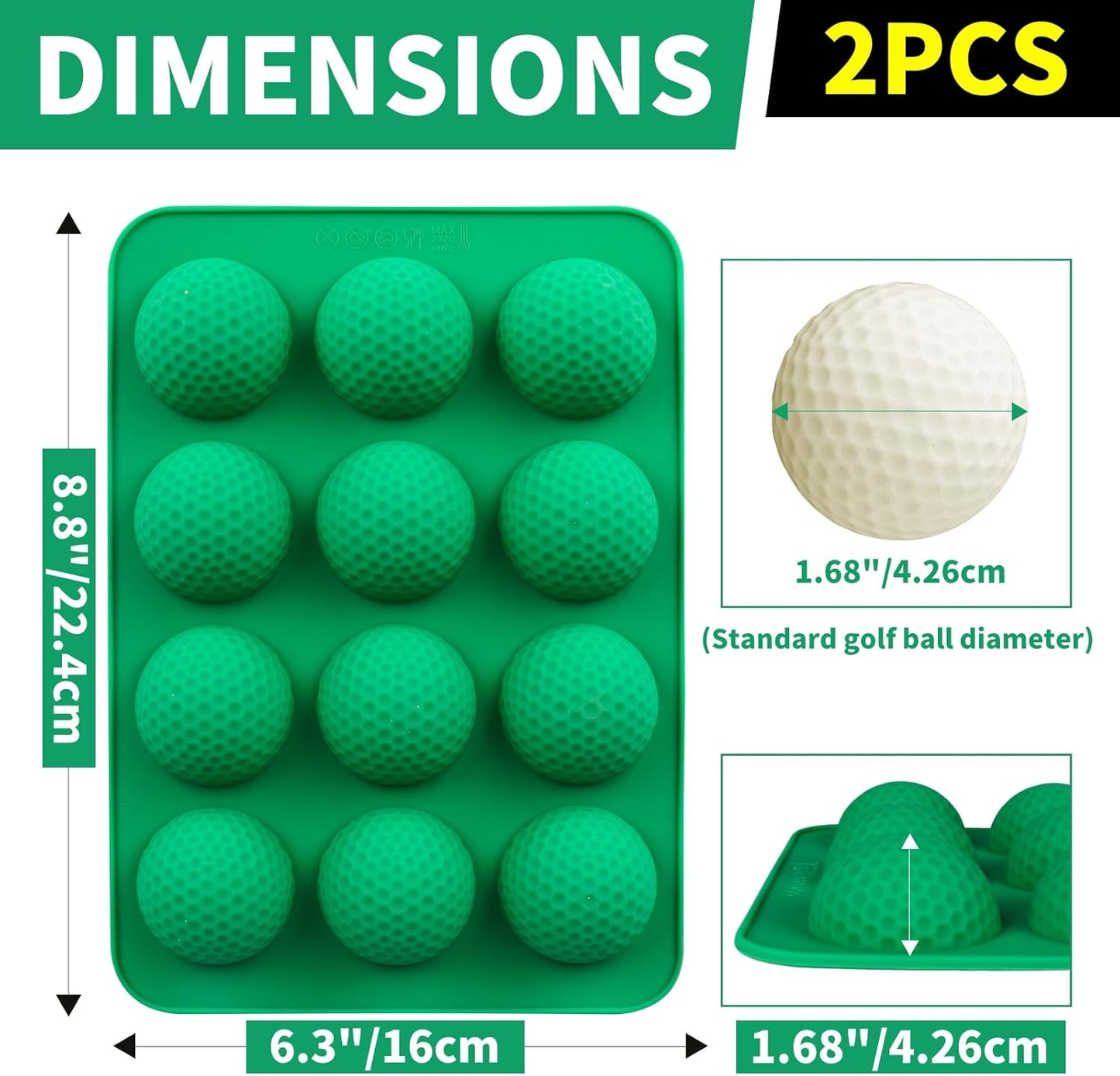 Golf Ball Cake Pop Mold, 2 Pack Golf Ball Chocolate Molds, 12-Cavity 3D Golf Ball Silicone Mold for Cupcake Decorations, Hot Chocolate Bomb, Candy (Green)
