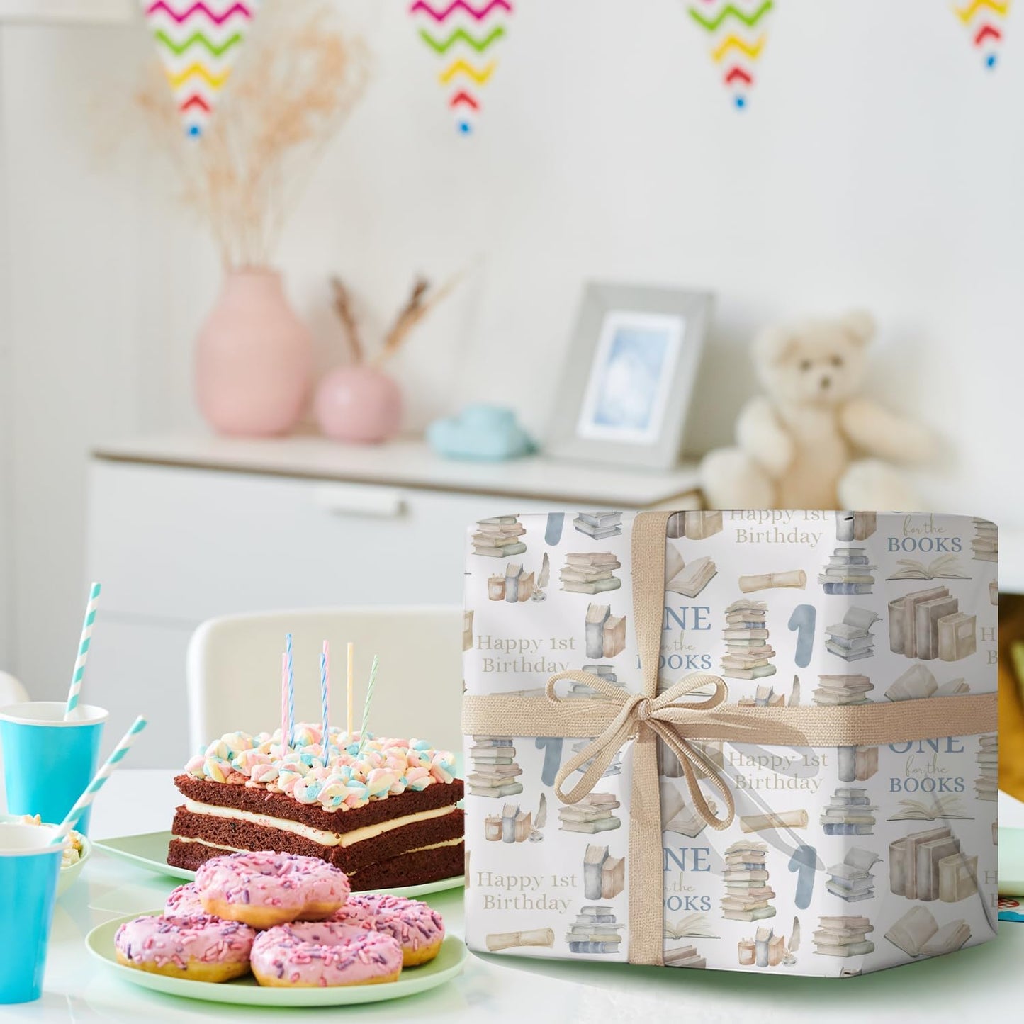 MJSXY Book Themed Party Decorations,1st Birthday Wrapping Paper,5 Sheets 19.6x27.5 Inch Wrapping Paper with Cute Books for Boy Girl First Birthday, Baby Shower Gifts