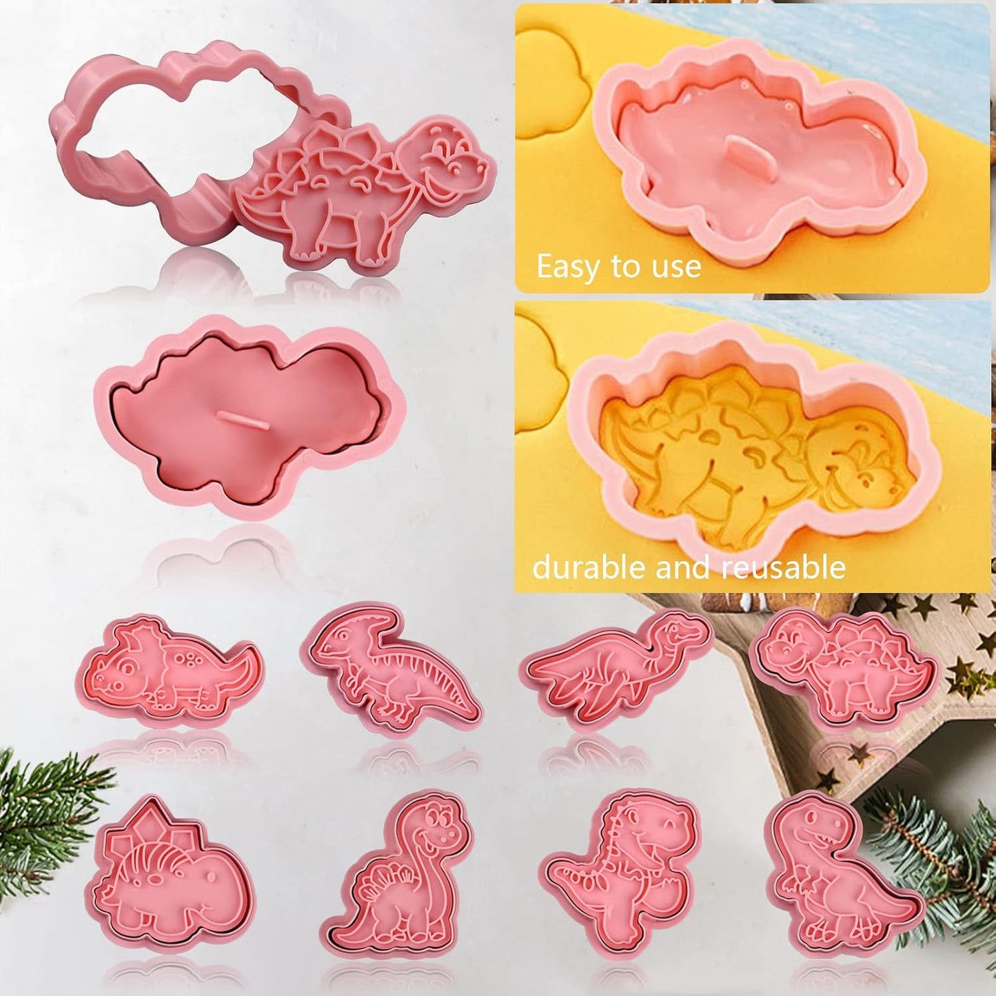 Dinosaur Cookie Cutters With Plunger Stampers Set,8 Piece 3D Dinosaur Embossing Cutters For Biscuit Fondant Cheese Baking