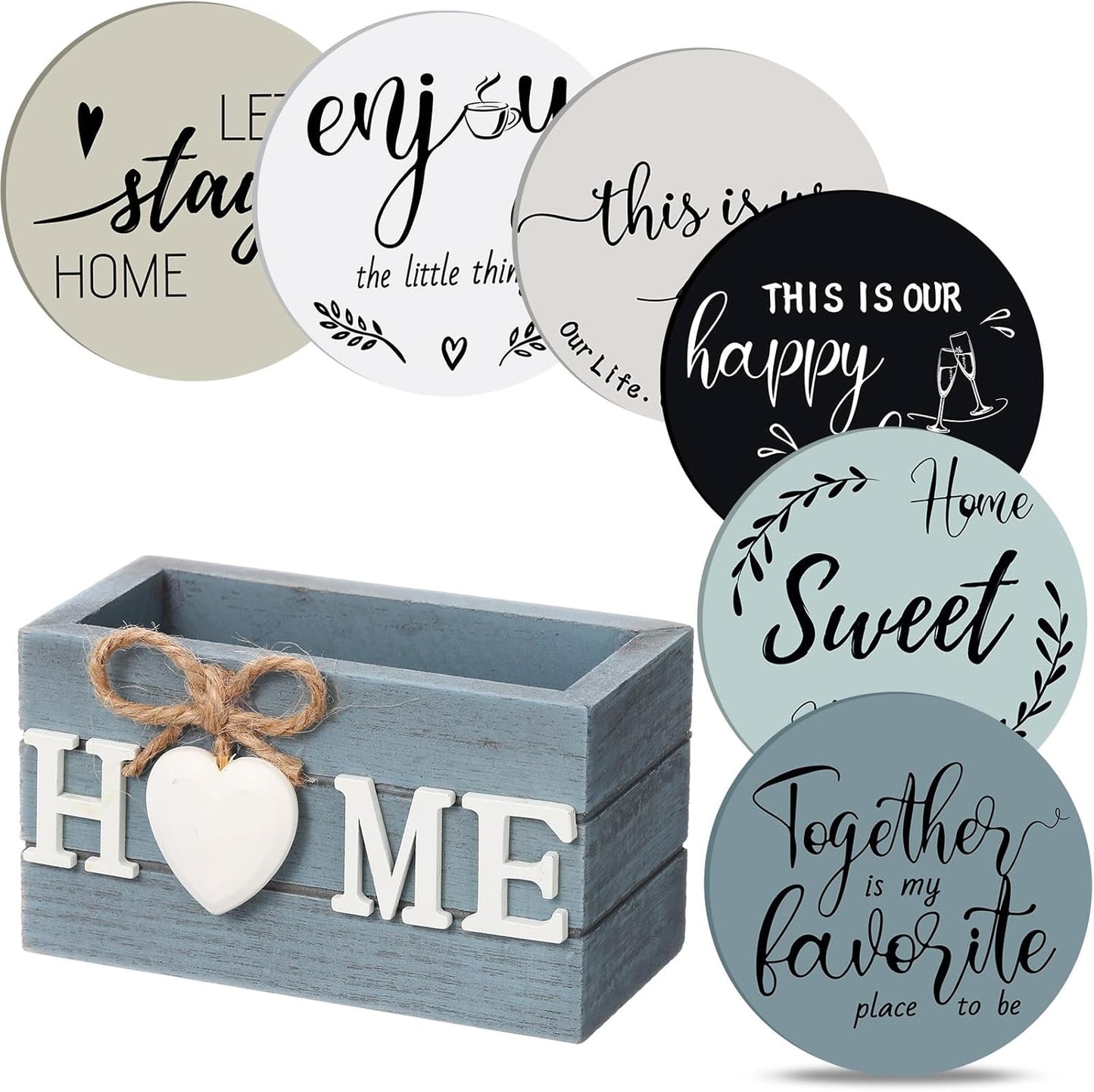 Queekay Housewarming Gifts for Home Decoration Wooden Heart Coasters for Drinks 6 Set Farmhouse Coasters with Holder Funny for Family Coffee Table Protection, 4''(Gray Blue)