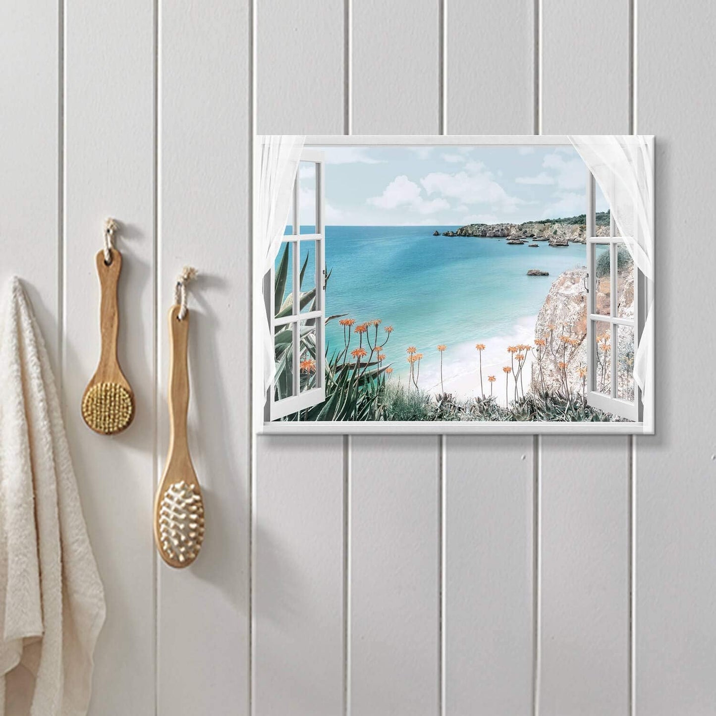 Hardy Gallery Coastal Painting Seascape Wall Art: Open Window View Picture Blue Ocean & Beach Artwork on Canvas for Bedroom (16'' x 12'' x 1 Panel)