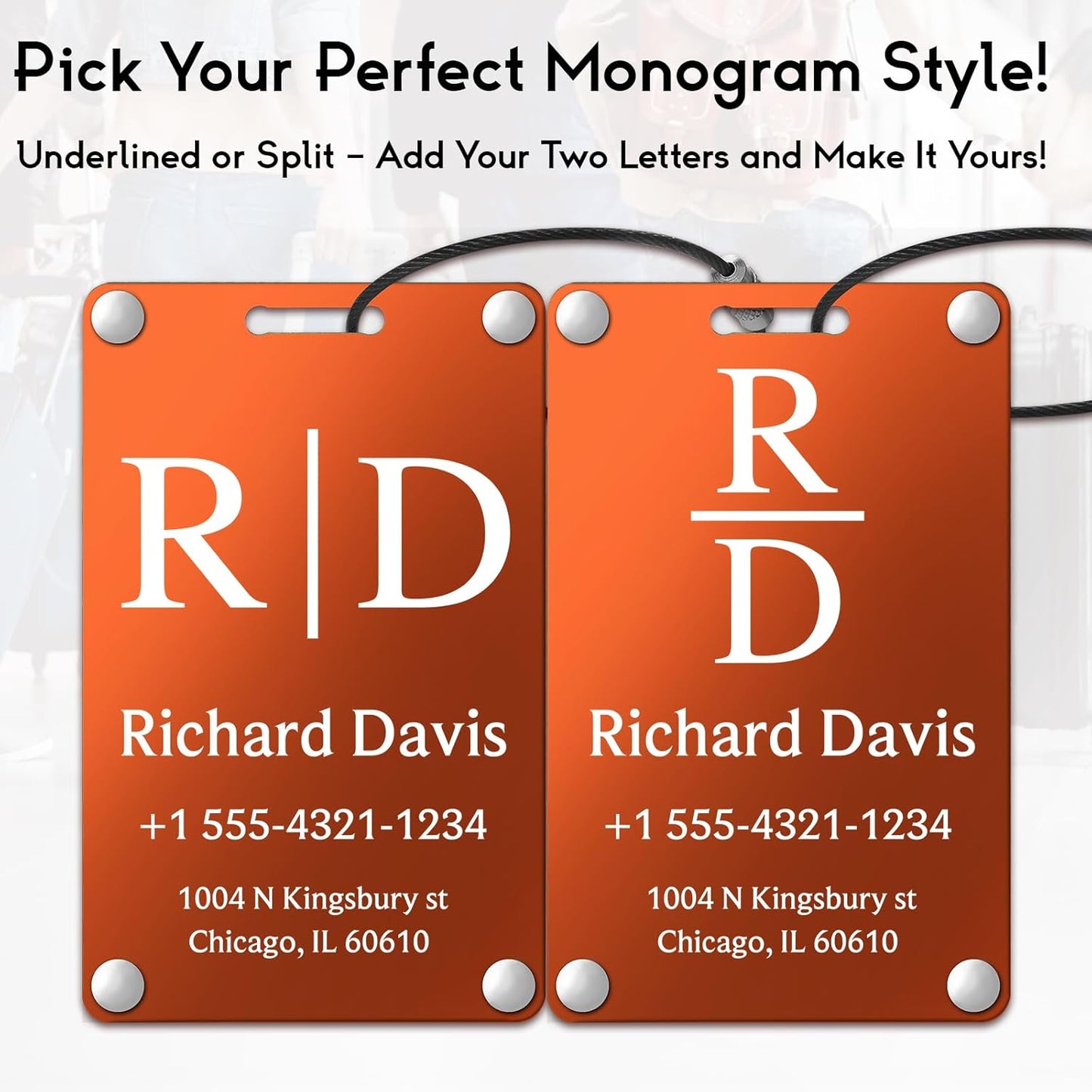 Personalized Luggage Tags for Suitcases - Monogram Style Aluminum Custom Luggage Tags for Backpacks & Bags, Sturdy, Waterproof & Heavy Duty (Orange/Card-Sized)