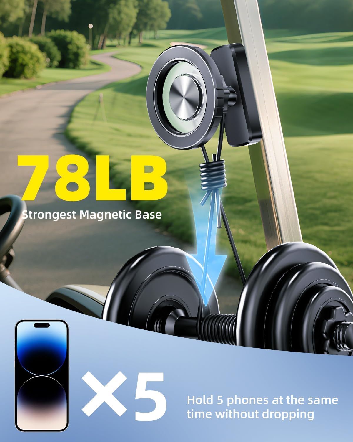 Magnetic Golf Cart Phone Holder, Golf Cart Phone Mount with N52 Magnets Compatible with EZGO Club Car Yamaha, 360° Rotation, Compatible with iPhone Samsung Google Pixel, Golf Accessories for Men Women