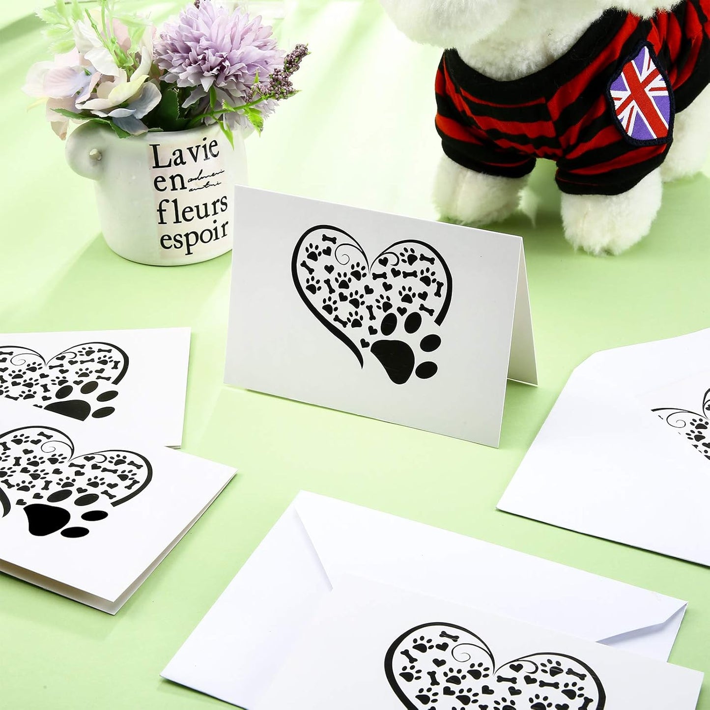 Zonon 48 Pcs Paw Printed Note Cards Set 24 Thank You Note Cards Heart Paw Print Blank Greeting with 24 White Envelopes Animal Lovers Pet Shop Birthday Party(Black and White)