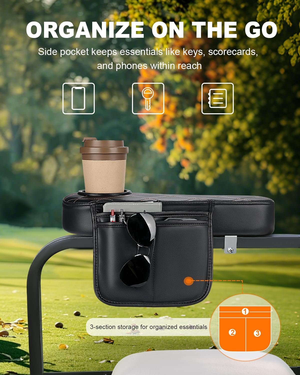 Golf Cart Armrest with Cup Holder & Rear Seat Organizer, No Drilling Golf Cart Diamond Arm Rest Fits 1" Square Tube Frame Compatible with EZGO Club Car Yamaha, Enhanced Storage & Comfort