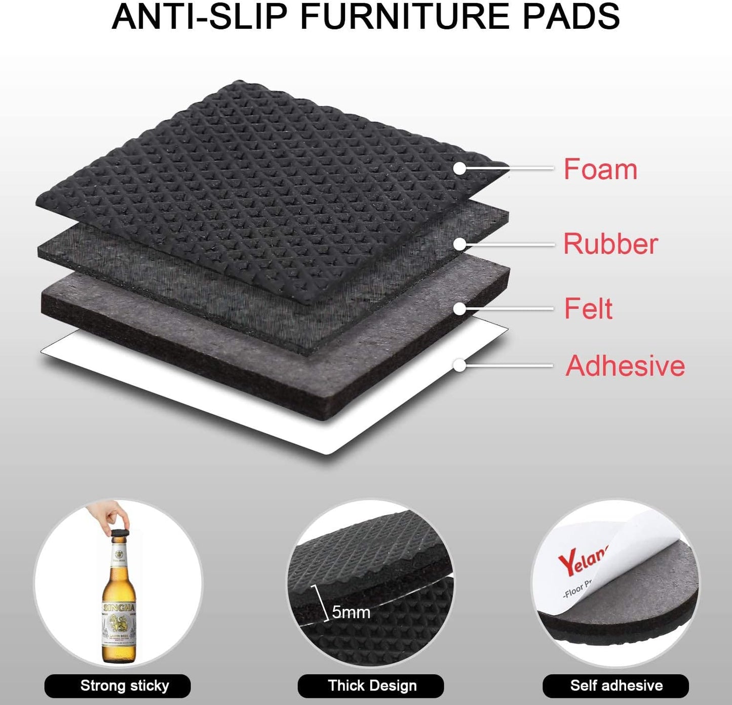 Yelanon Non Slip Furniture Pads -6pcs 4" Furniture Grippers Hardwood Floors Non Skid for Furniture Legs,Self Adhesive Rubber Feet, Anti Slide Furniture Floors Protectors for Keep Couch Stoppers