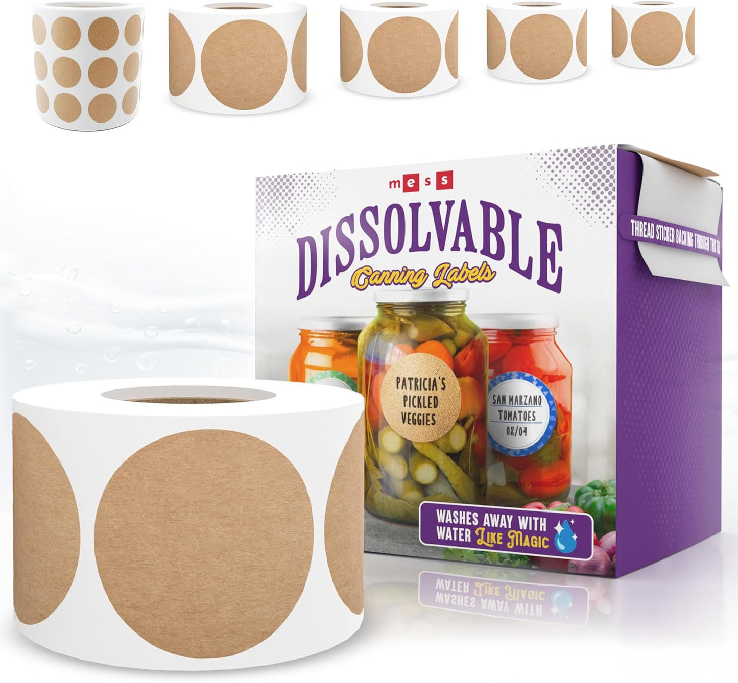 MESS Dissolvable Canning Labels, 1" Round, 200-Pack – Removable Kraft Mason Jar Stickers for Homemade Jam, Food Storage & Containers