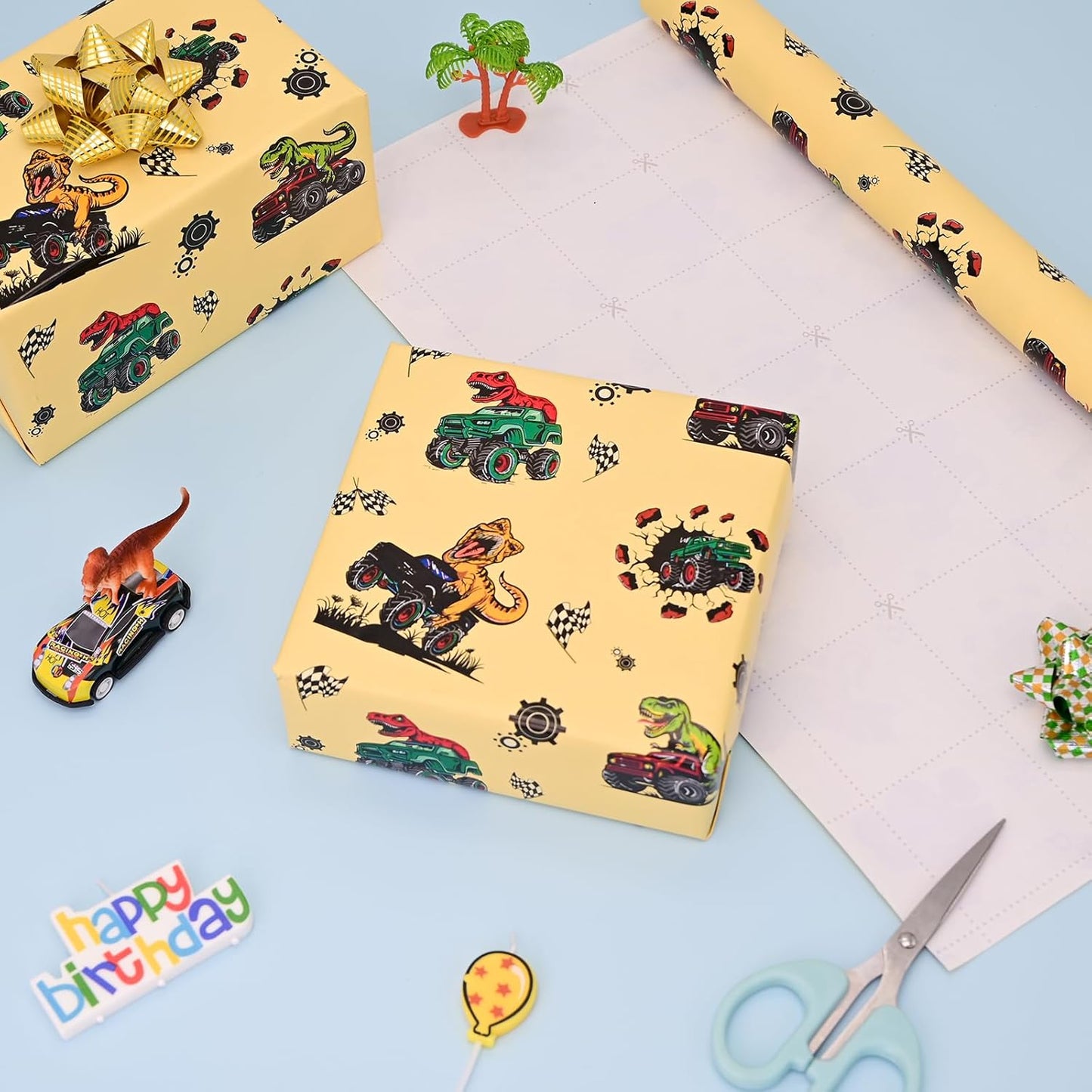 Vnaaem Dinosaur Wrapping Paper Rolls with Cutlines on Reverse - 3 Rolls Birthday Gift Wrap for Kids Boys Girls Dinosaur Party Birthday Gift Wrapping Holiday(17 Inches X 120 Inches)