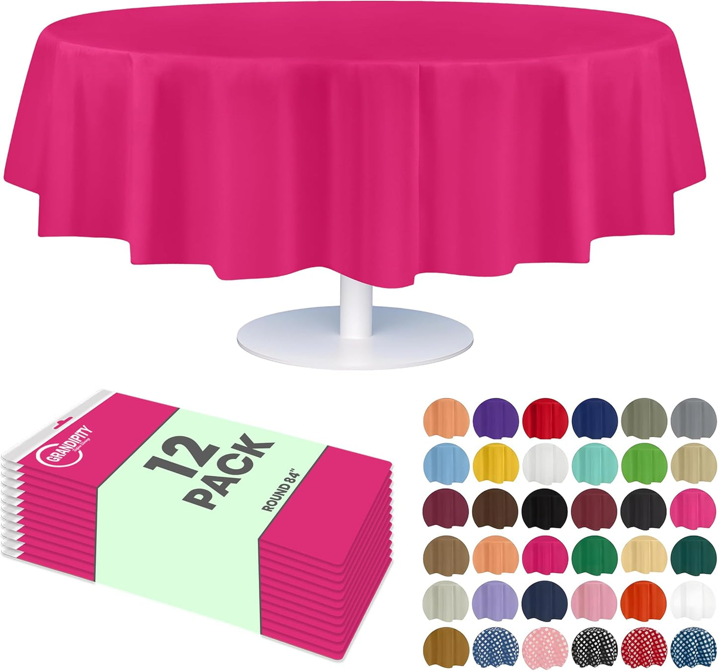 Grandipity 12 Pack Premium Disposable Plastic Tablecloth 84" Inch Decorative Round Table Cover - Hot Pink