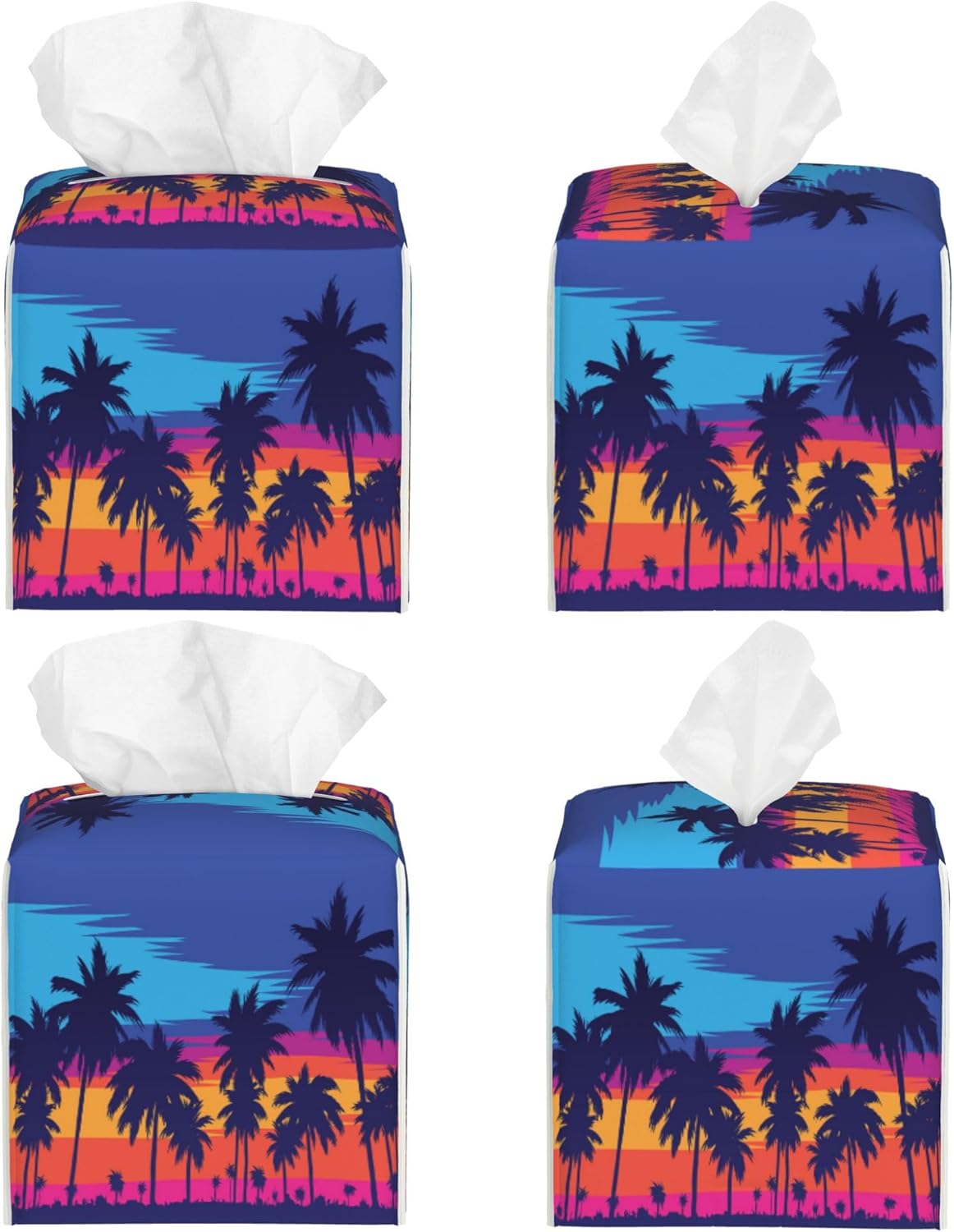 Leather Tissue Box Holder Palm Trees at Sunset Tissue Box Cover Square Waterproof Tissue Holder Organizer Modern Napkin Holder for Bedroom Dresser Night Stand Office Desk