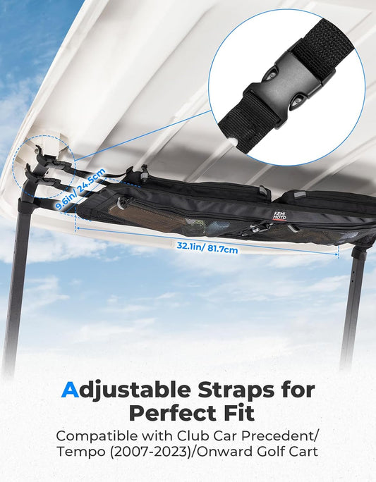 KEMIMOTO Upgraded Golf Cart Overhead Storage Bag, Ceiling Storage with Dual Mesh Pockets Compatible with Club Car Precedent,Tempo, and Onward, 1680D Overhead Organizer, Black