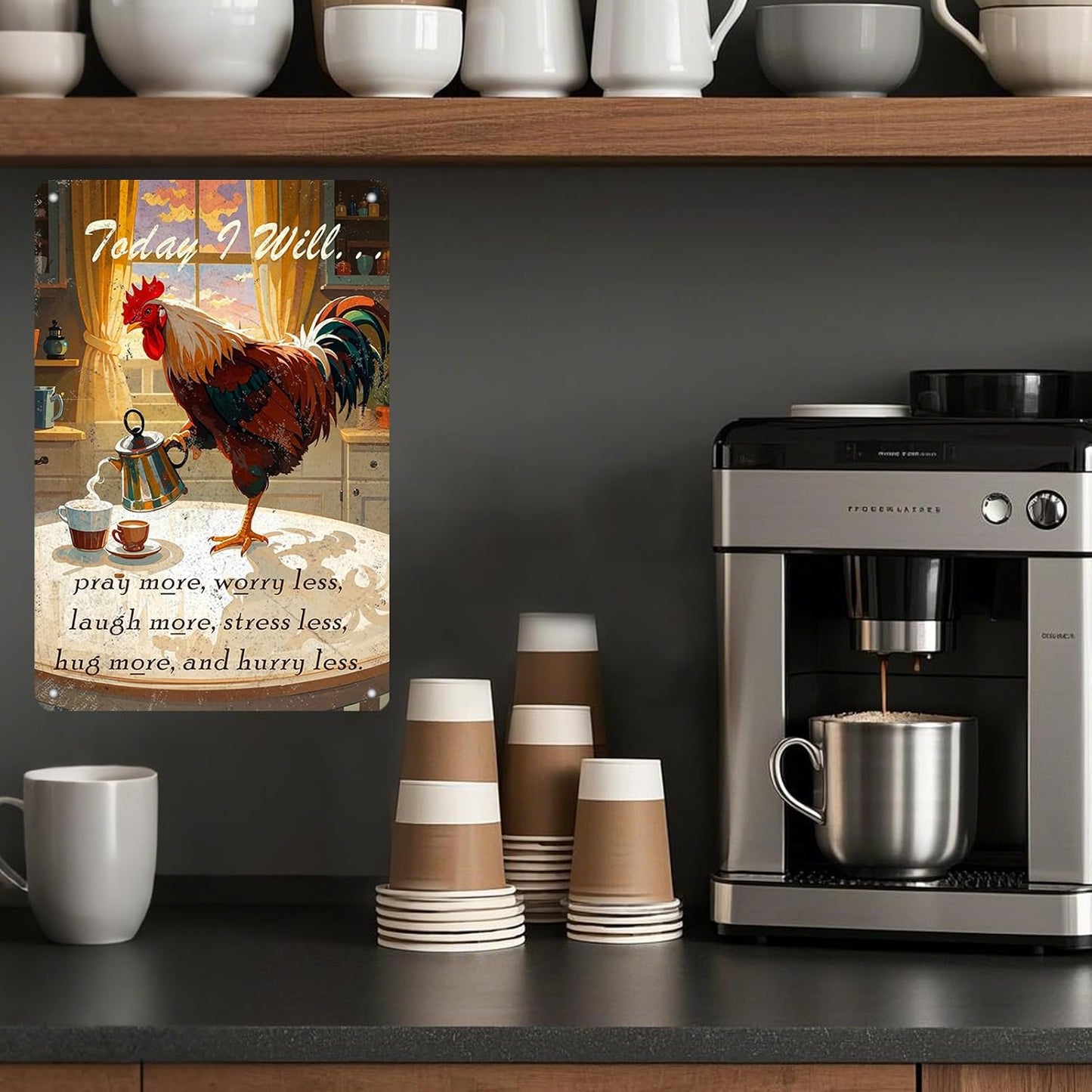 Chicken Sign Rooster Kitchen Decor Today I Will Pry More Worry Less Metal Sign Poster 12x8 Inch Home Kitchen Offce Cafe Coffee Are Farm Wall Decor
