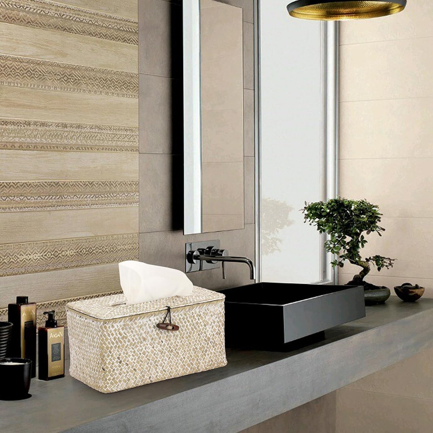 Sumnacon Tissue Box Cover-Large Rectangle Tissue Box Seagrass Tissue Box Holder Woven Tissue Holder Decorative Tissue Cover for Bathroom Tissue Box Cover Rectangular for Home Office Table Whitewash