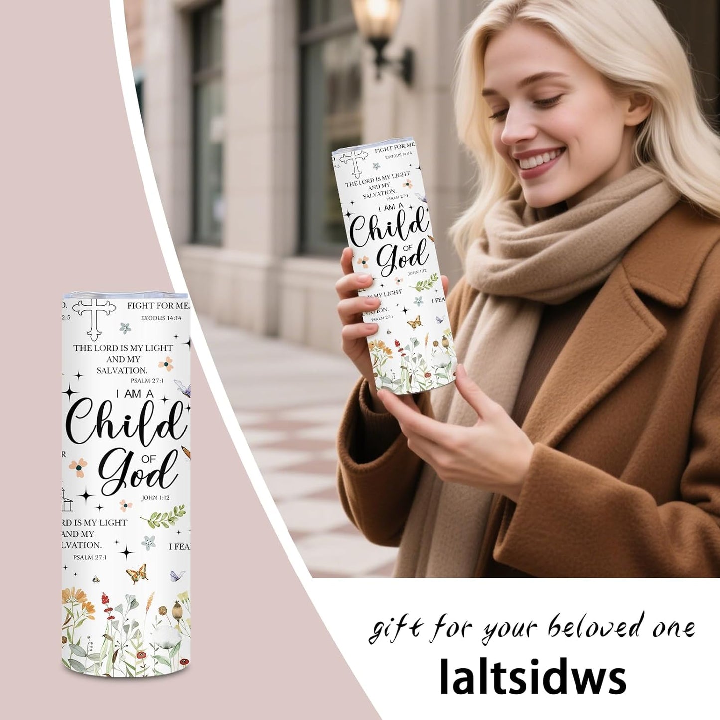 Christian Gifts - 20oz Child of God Insulated Stainless Steel Travel Water Tumbler with Straw Lid, Leakproof, for Girl, Sister, Friends - Inspirational Baptism Confirmation Catholic Birthday Gifts Cup