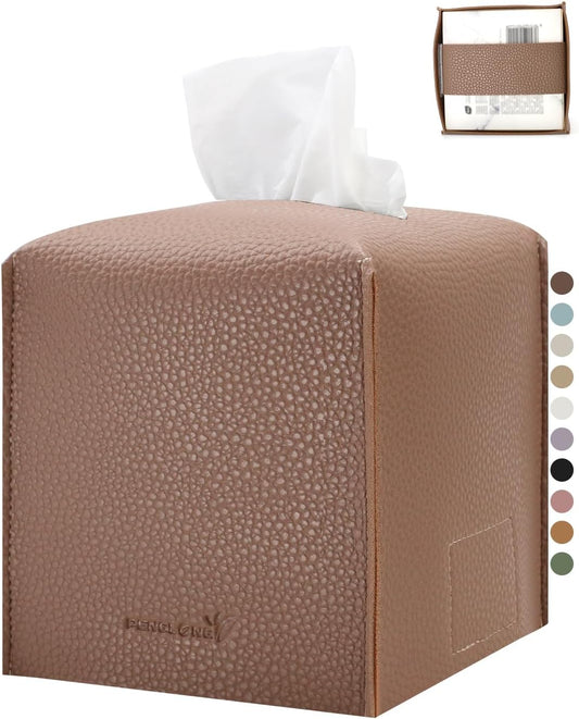 Tissue Box Cover 5X5X5'' PU Leather Tissue Holder Square Tissue Cube Box Organizer for Bathroom Vanity Countertop, Car, Night Stands, Office, Home, Kitchen (1Pack, Loam Red)