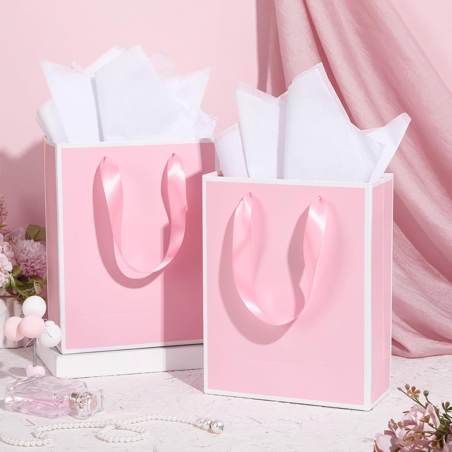 Yeaqee 24 Pack Metallic Paper Gift Bags with Handle and Tissue 9x7x3.1 Gold Foil Welcome Favor Bags Return Gifts for Wedding Fall 5 Senses Christmas Bridesmaid Birthday(Pink and White)