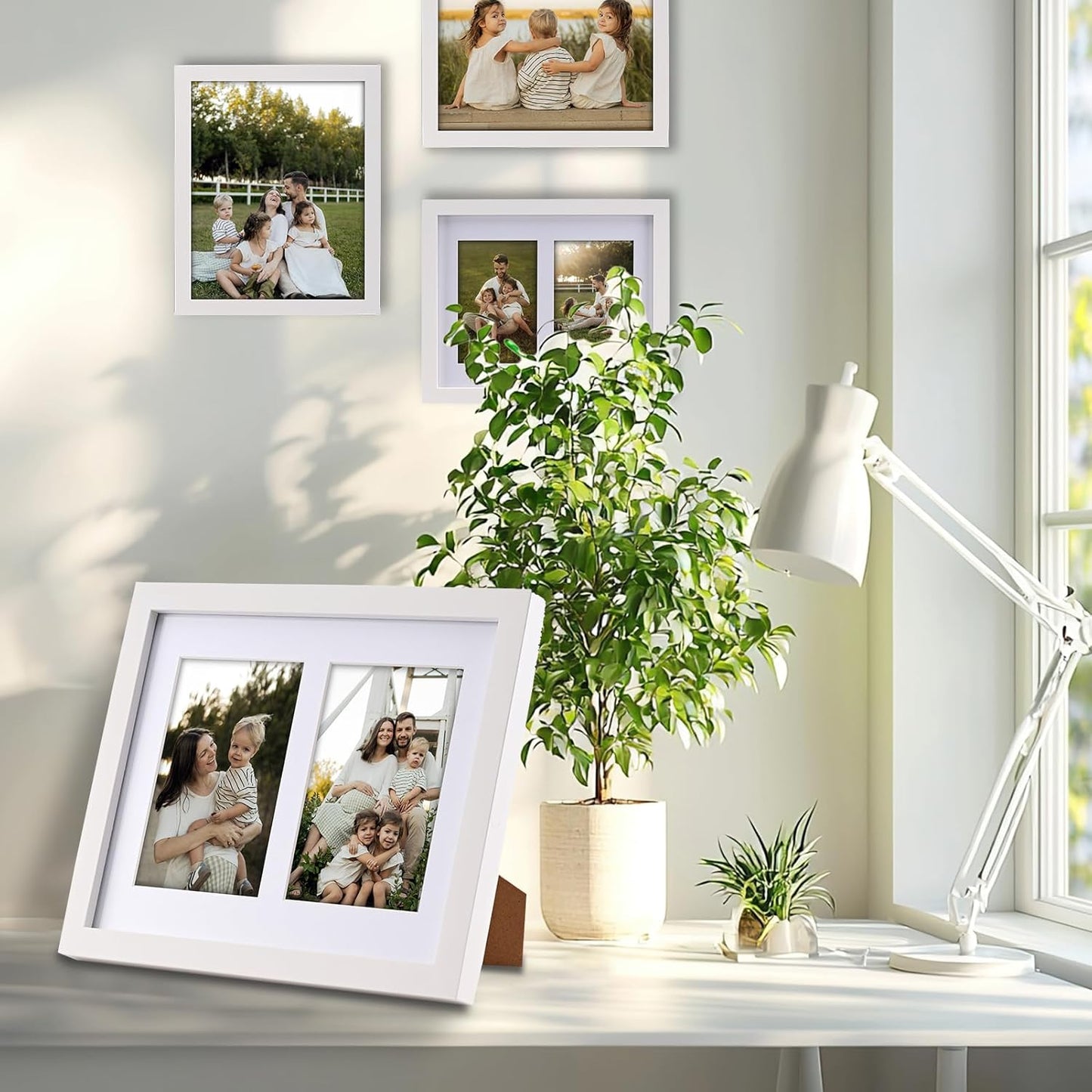 8.5x11 Pine Wood Collage Picture Frame Double 5x7 Picture Frame with Tempered Glass Fits 1Pc Certificate or 2Pcs 5x7 Photos With Mat For Tabletop or Gallery Wall Mounted-Bright White