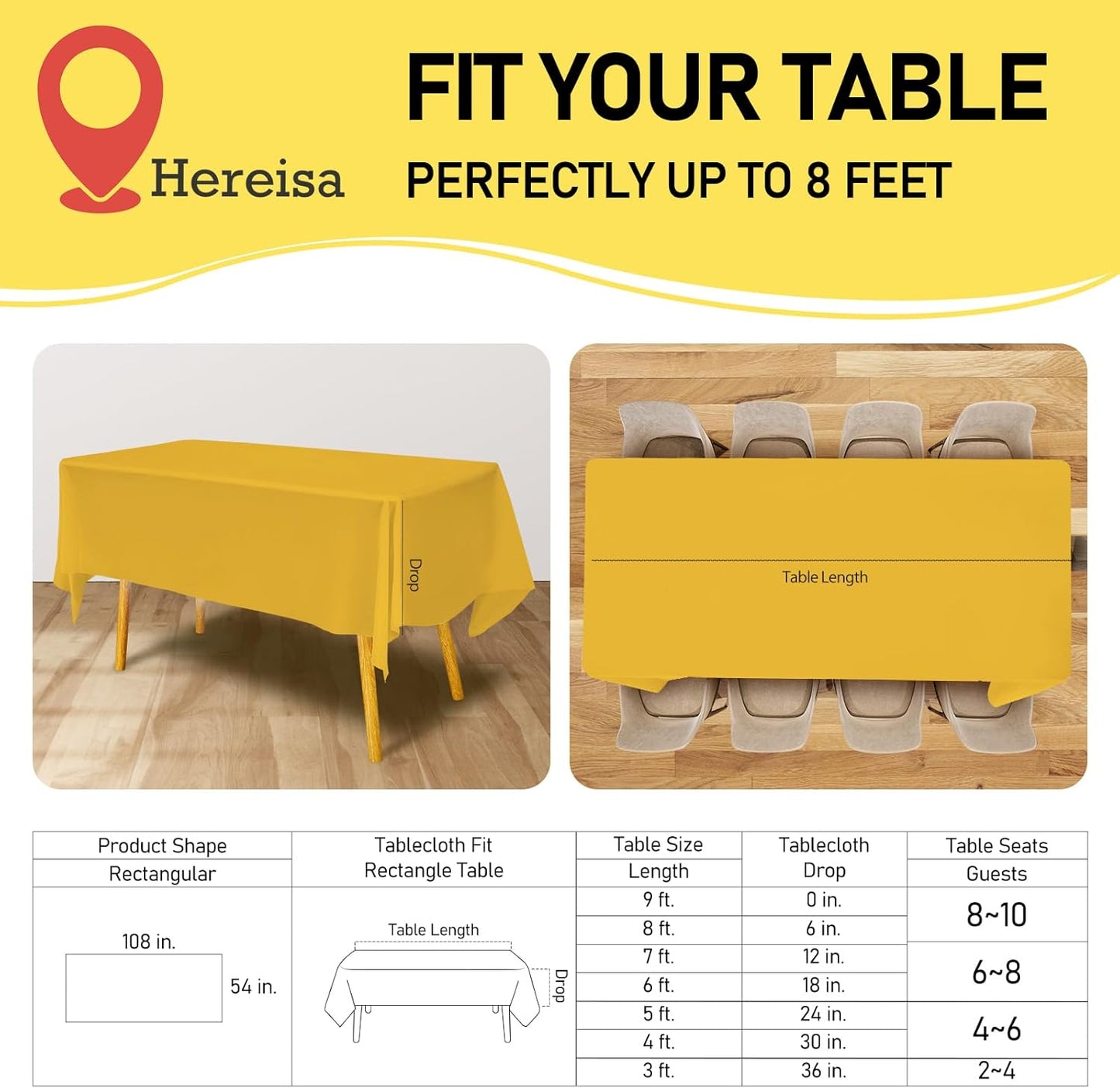 Plastic Yellow Tablecloths 3 Pack Disposable Table Covers 54 in. x 108 in. Table Cloths Bridal Party Tablecovers for Parties Engagements Weddings Festivals, Fits 6 to 8 Foot Rectangle Tables