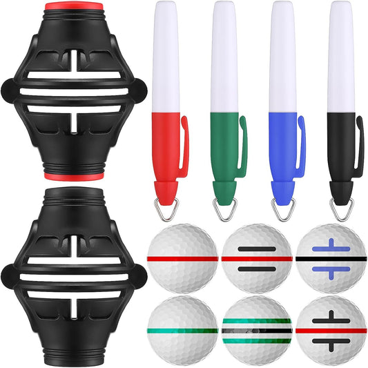 6 Pack Golf Ball Marker Line Tool 360 Degree Triple Line Ball Marker Stencil Tool Golf Accessories for Men with 2 Marking Stencils and 4 Vibrant Colors Pen