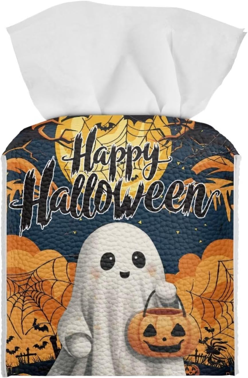 Happy Halloween Tissue Box Cover PU Leather Tissue Box Holder 5x5x5 inch Waterproof Protective Cover Modern Home Car Office Hotel Decor