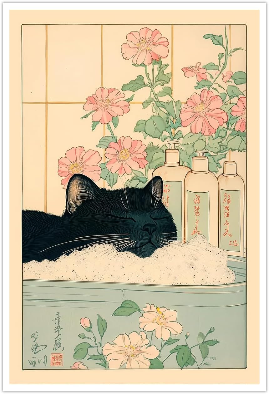Vintage Black Cat in The Bathtub Posters Funny Bathroom Wall Art Cute Animal Lover Canvas Prints Japanese Aesthetic Neutral Minimalist Wall Decor for Restroom Toilet 24x36in Unframed