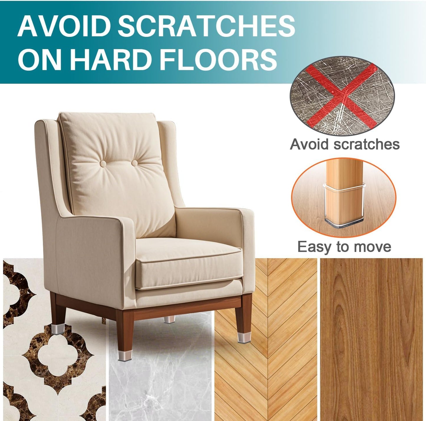 Ansible 24 Pcs Chair Leg Floor Protectors Square, Silicone Felt Furniture Leg Pads Caps Covers for Hardwood Floors (Fit:1-5/8" to 2")